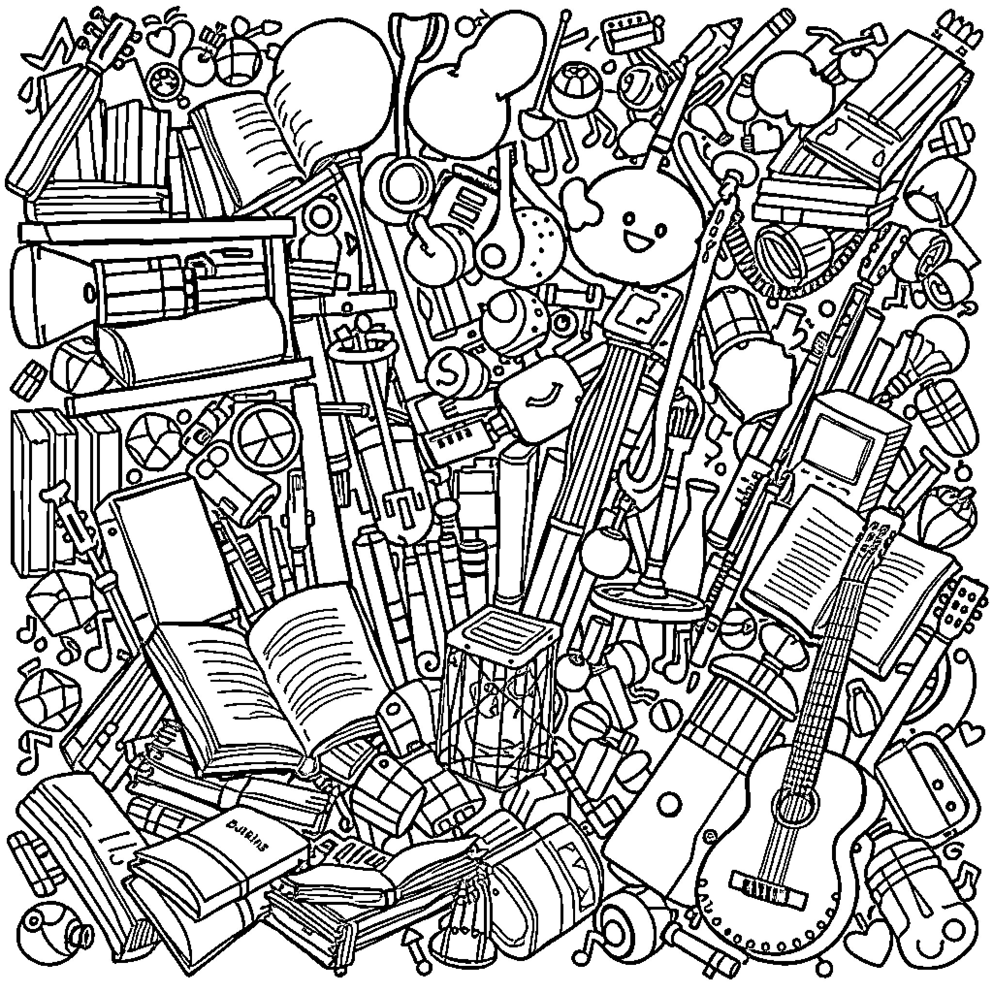 Object filled with school and learning supplies Coloring Page (free black-and-white line drawing printable PDF for all, from beginners to advanced learners, including children, teens, adults, and seniors)