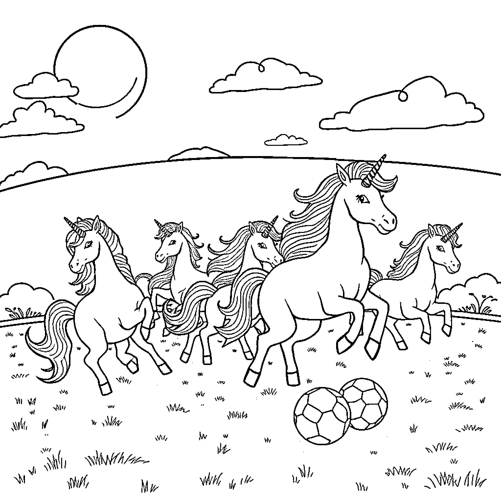 Unicorn herd frolicking and playing soccer in the field Coloring Page (free black-and-white line drawing printable PDF for all, from beginners to advanced learners, including children, teens, adults, and seniors)