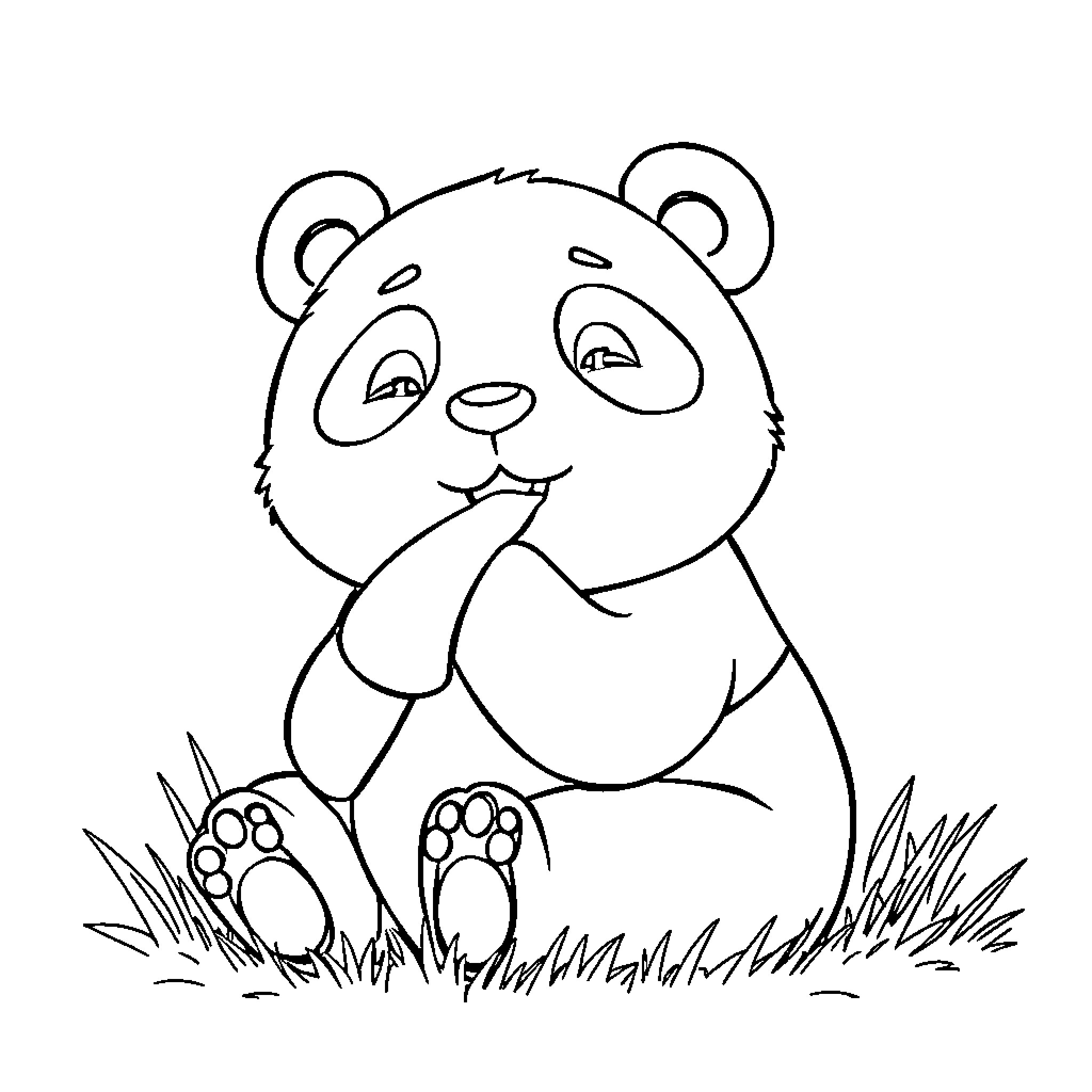 Panda sitting comfortably in the grass Coloring Page (free black-and-white line drawing printable PDF for all, from beginners to advanced learners, including children, teens, adults, and seniors)
