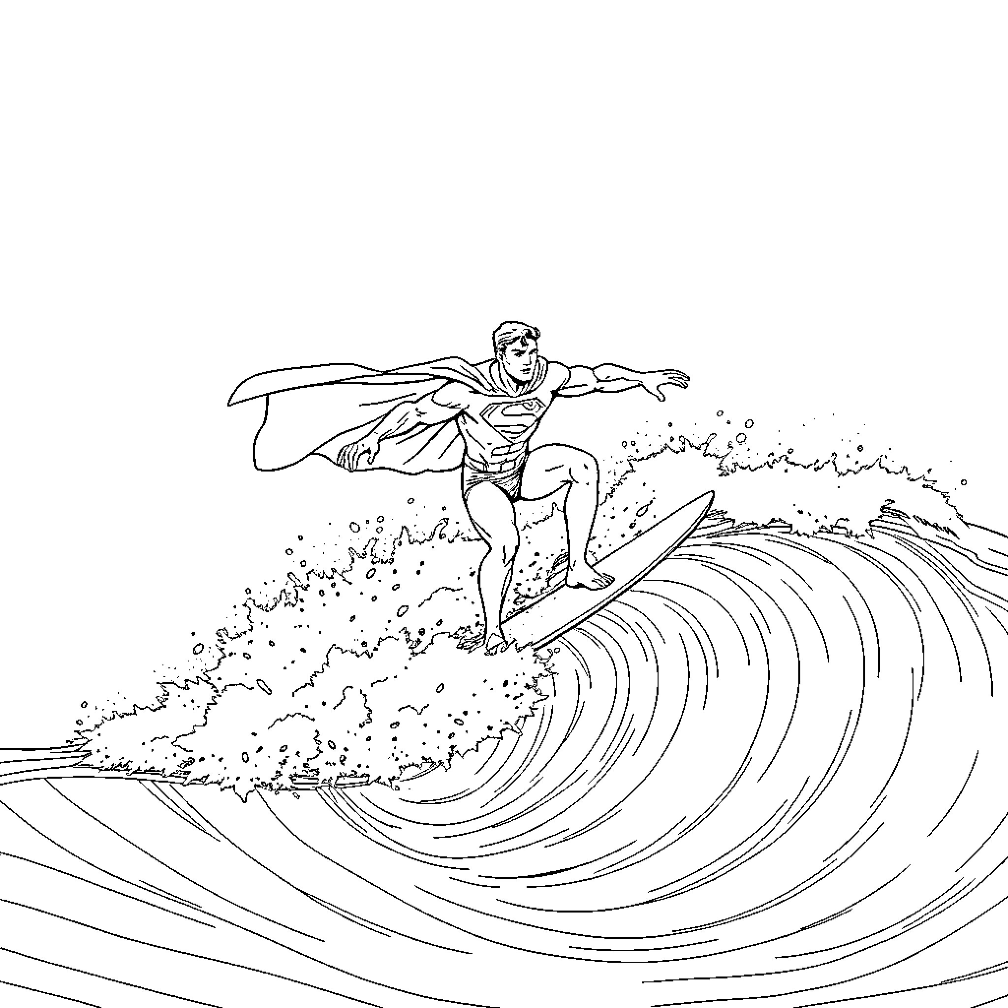 Superman surfing powerful waves with heroic pose Coloring Page (free black-and-white line drawing printable PDF for all, from beginners to advanced learners, including children, teens, adults, and seniors)