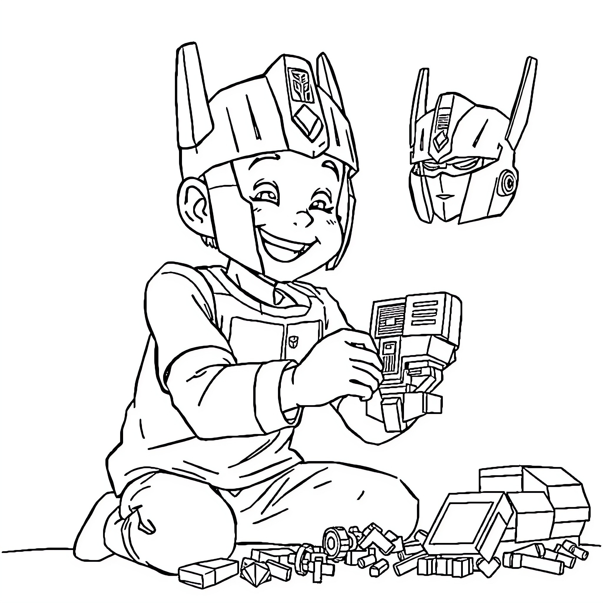 Optimus Prime playing happily with toys Coloring Page (free black-and-white line drawing printable PDF for all, from beginners to advanced learners, including children, teens, adults, and seniors)