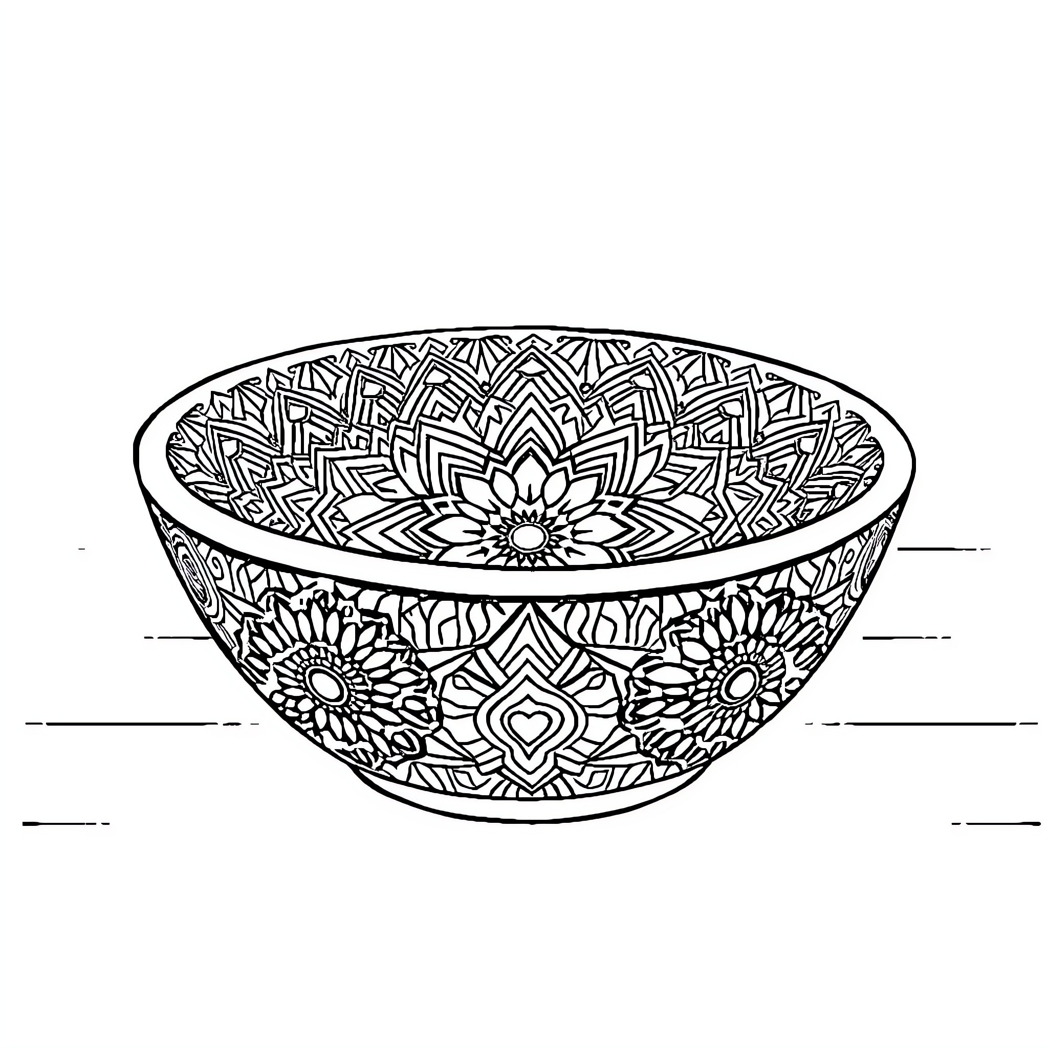 Bowl with intricate floral patterns Coloring Page (free black-and-white line drawing printable PDF for all, from beginners to advanced learners, including children, teens, adults, and seniors)