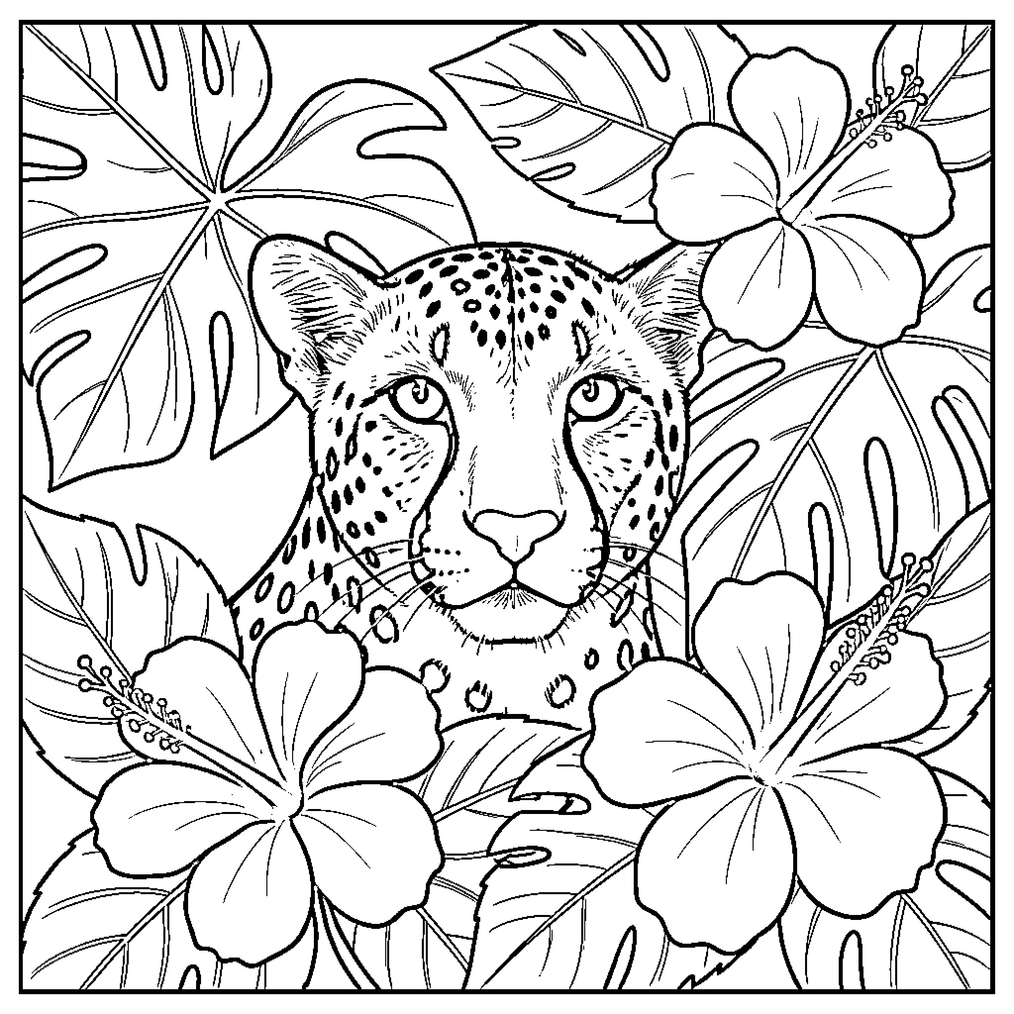 Cheetah surrounded by vibrant tropical flowers Coloring Page (free black-and-white line drawing printable PDF for all, from beginners to advanced learners, including children, teens, adults, and seniors)