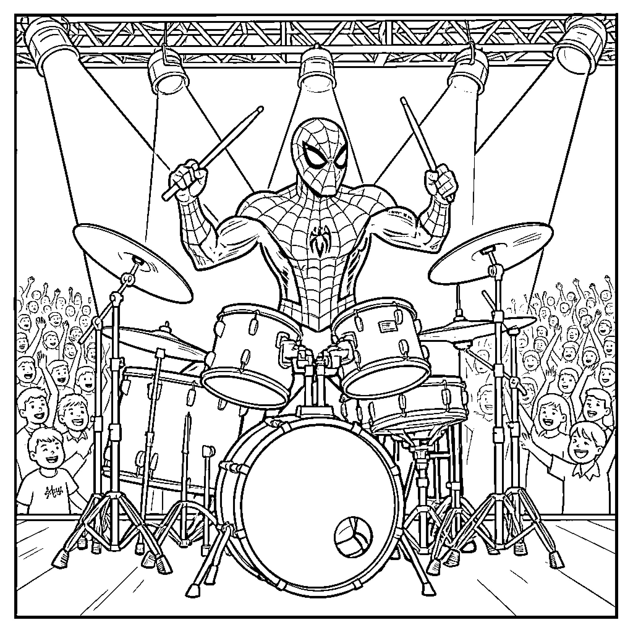 Spiderman playing the drums on stage Coloring Page (free black-and-white line drawing printable PDF for all, from beginners to advanced learners, including children, teens, adults, and seniors)