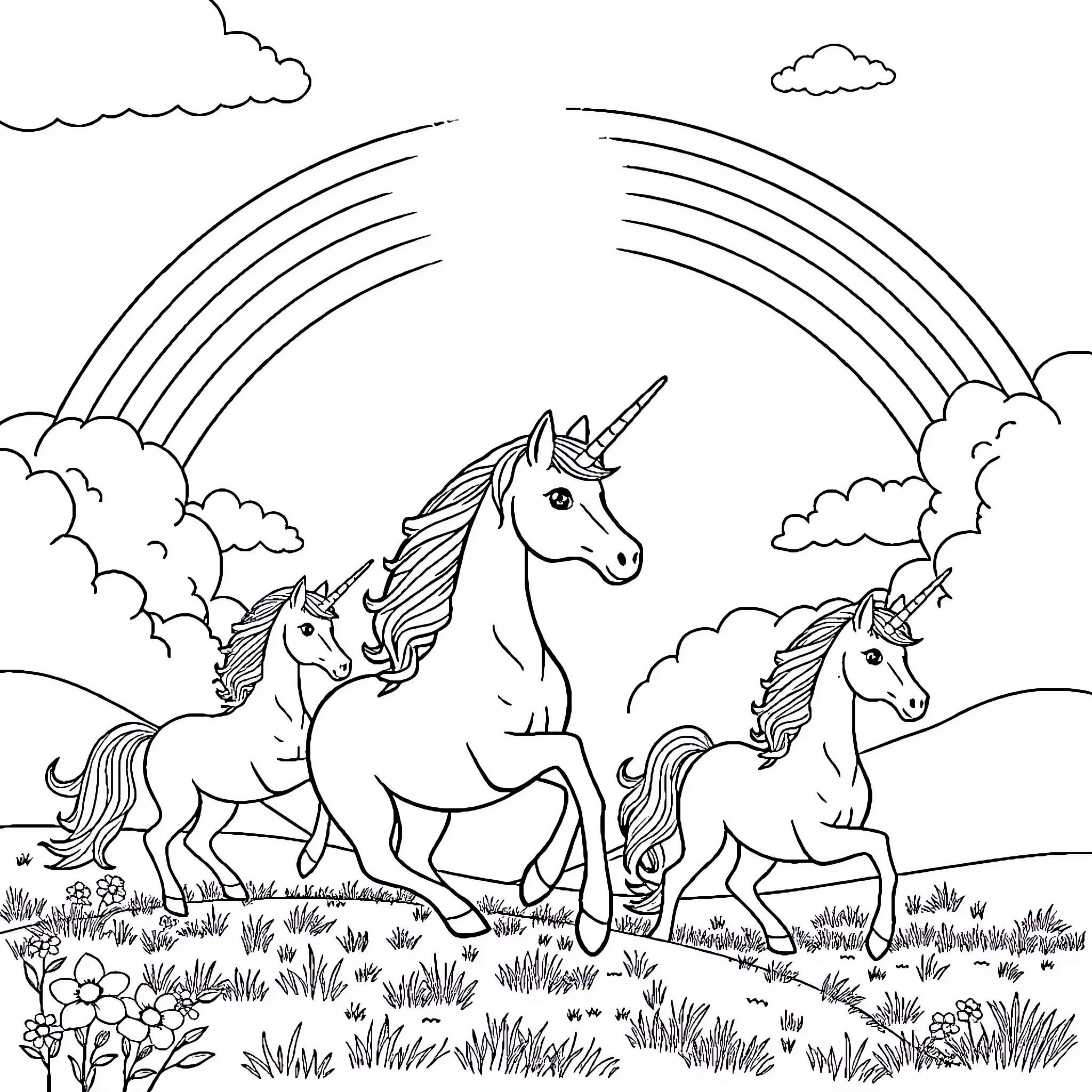 Unicorns prancing through a magical field Coloring Page (free black-and-white line drawing printable PDF for all, from beginners to advanced learners, including children, teens, adults, and seniors)