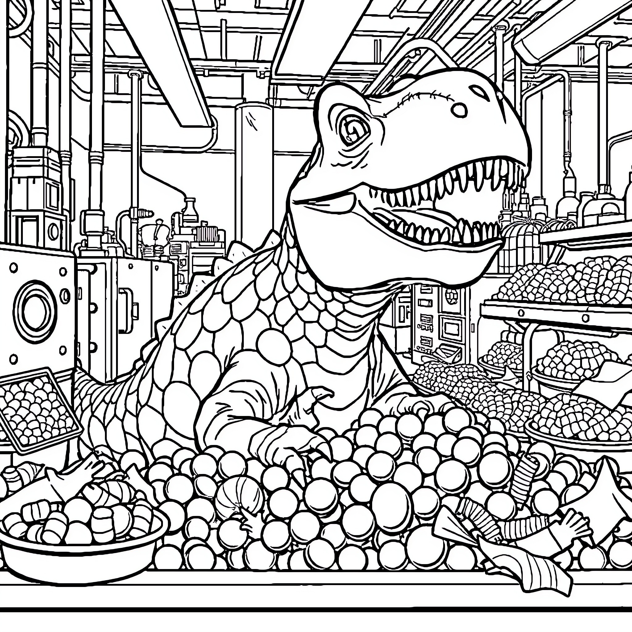 Dinosaur exploring a colorful supermarket Coloring Page (free black-and-white line drawing printable PDF for all, from beginners to advanced learners, including children, teens, adults, and seniors)