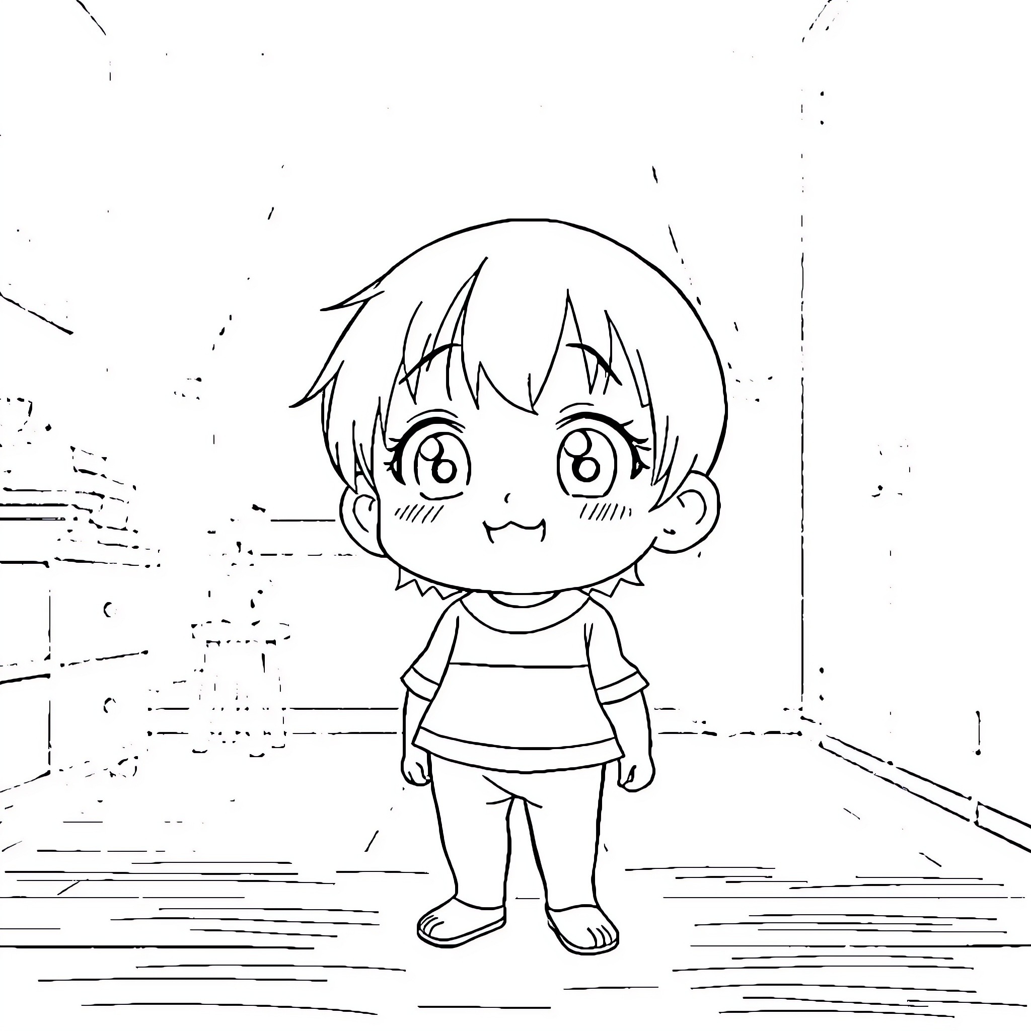 Child in cheerful anime-style illustration Coloring Page (free black-and-white line drawing printable PDF for all, from beginners to advanced learners, including children, teens, adults, and seniors)
