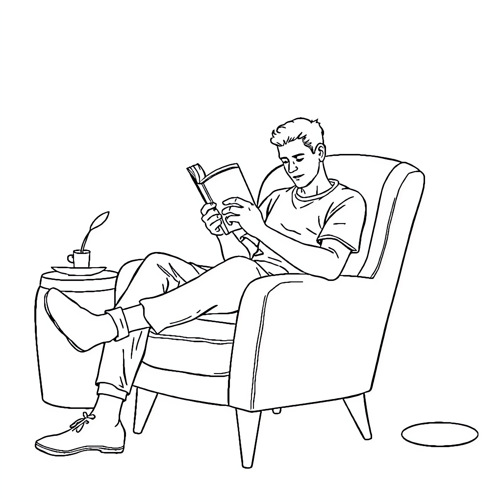 Adult reading a book comfortably in chair Coloring Page (free black-and-white line drawing printable PDF for all, from beginners to advanced learners, including children, teens, adults, and seniors)