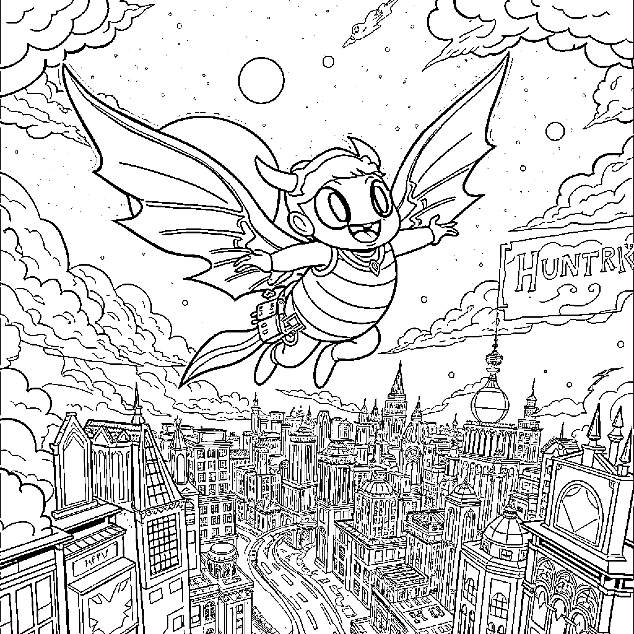 Bum flying over the bustling city Coloring Page (free black-and-white line drawing printable PDF for all, from beginners to advanced learners, including children, teens, adults, and seniors)
