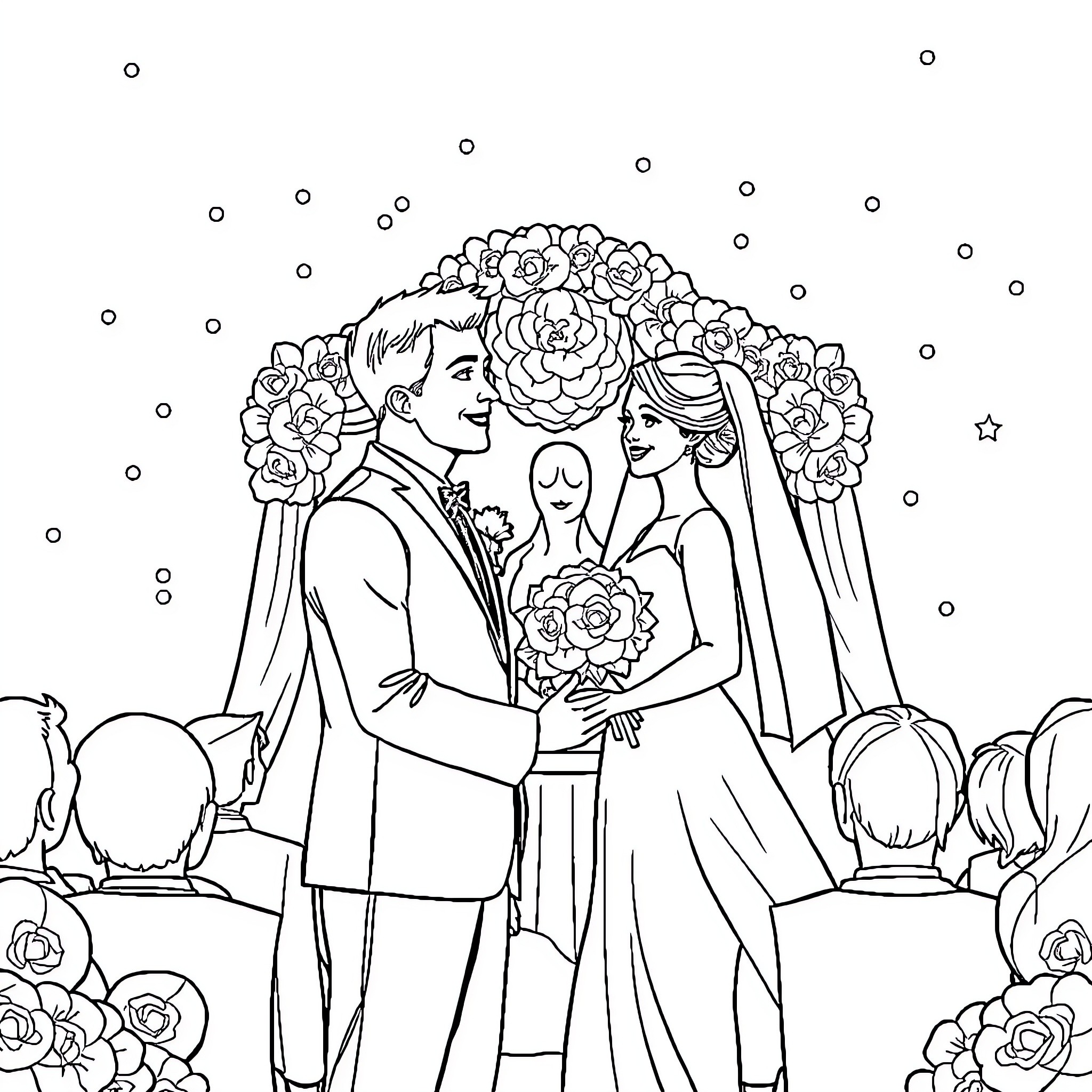 Wedding ceremony with floral arch and newlyweds Coloring Page (free black-and-white line drawing printable PDF for all, from beginners to advanced learners, including children, teens, adults, and seniors)