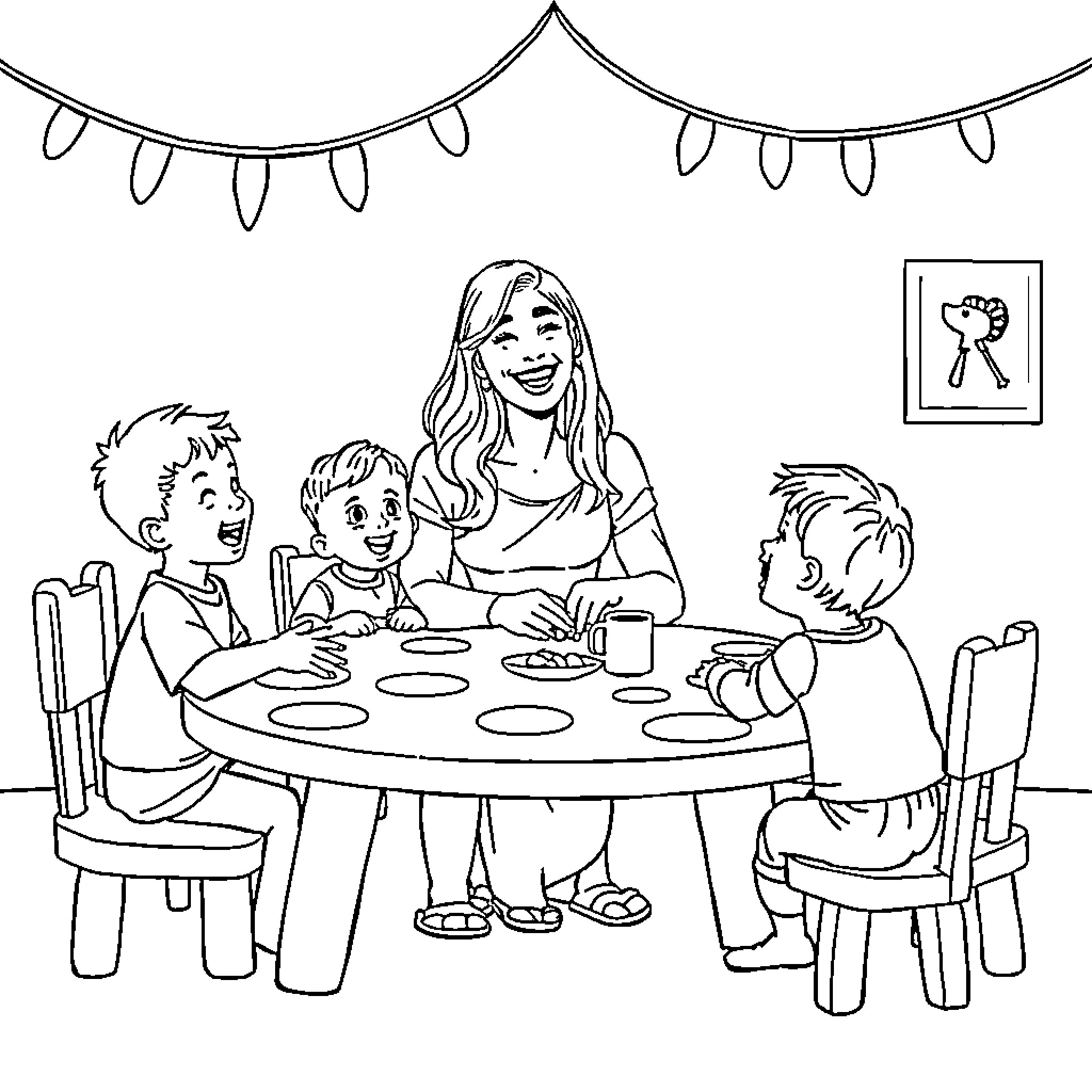 Ms Rachel Hosts Family Mealtime Gathering Coloring Page (free black-and-white line drawing printable PDF for all, from beginners to advanced learners, including children, teens, adults, and seniors)