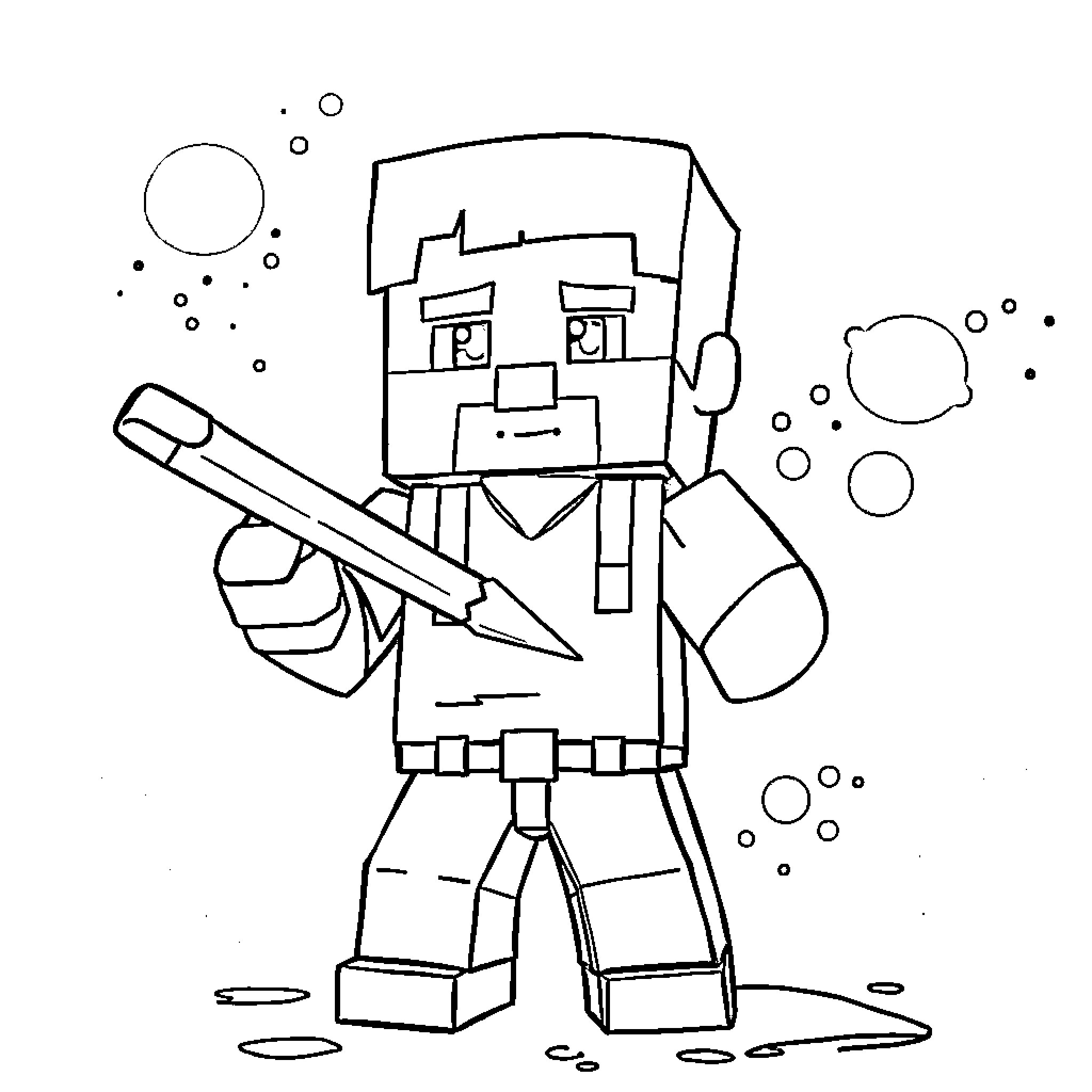Steve wielding sword in blocky adventure Coloring Page (free black-and-white line drawing printable PDF for all, from beginners to advanced learners, including children, teens, adults, and seniors)