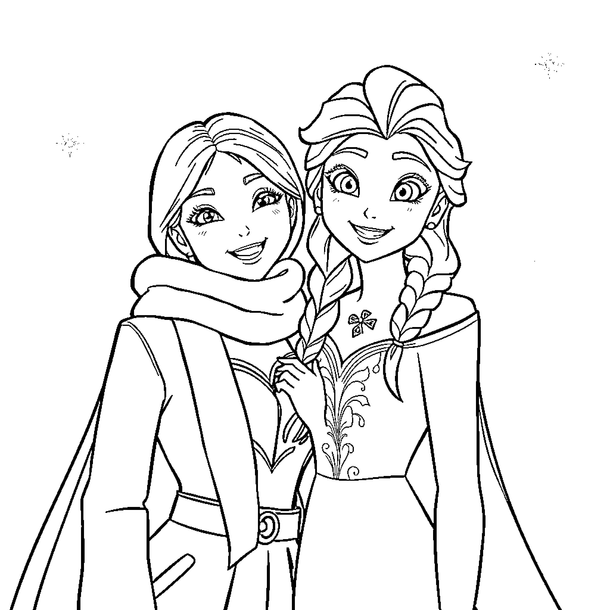 Rumi's Sisterly Embrace: A Warm Moment Between Friends Coloring Page (free black-and-white line drawing printable PDF for all, from beginners to advanced learners, including children, teens, adults, and seniors)