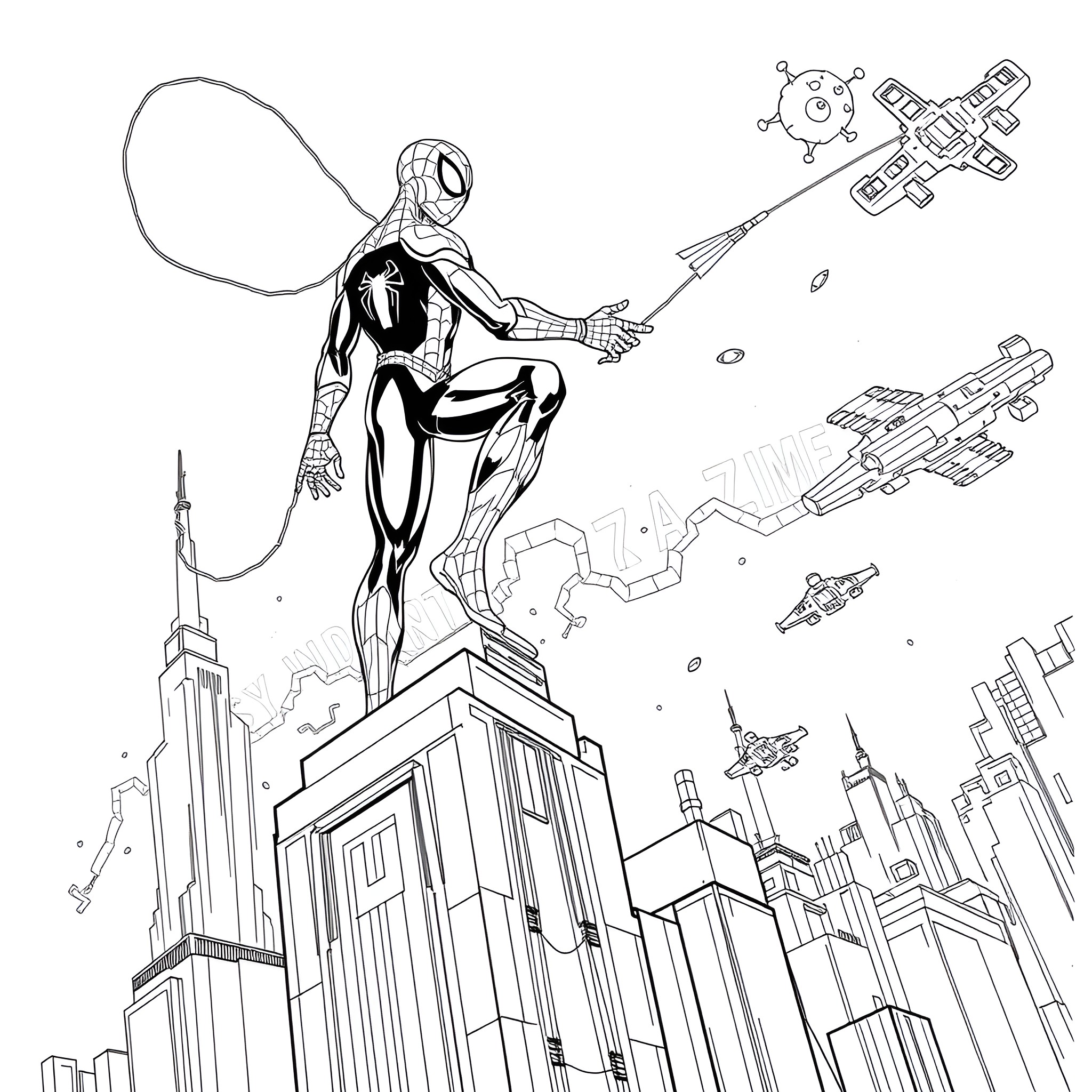 Spider-Man swinging through the city skyline Coloring Page (free black-and-white line drawing printable PDF for all, from beginners to advanced learners, including children, teens, adults, and seniors)