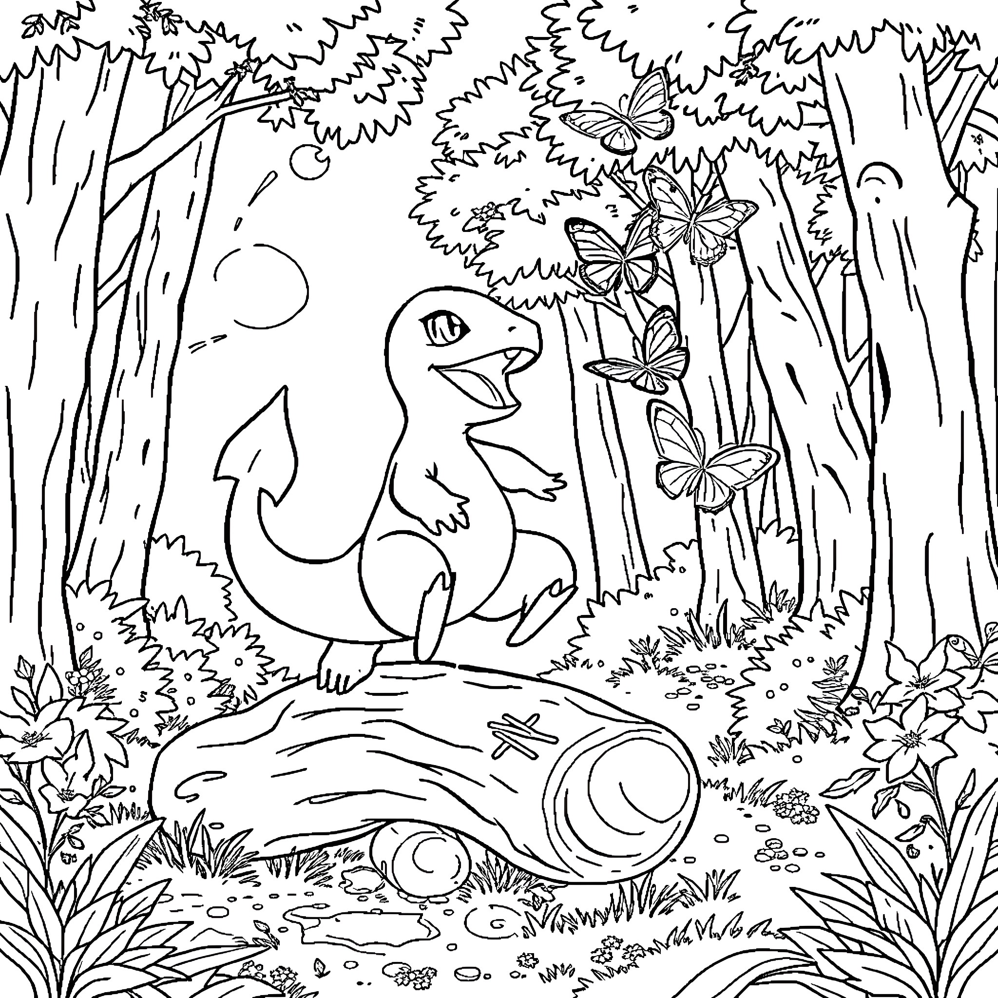 Charmander in a whimsical forest landscape Coloring Page (free black-and-white line drawing printable PDF for all, from beginners to advanced learners, including children, teens, adults, and seniors)