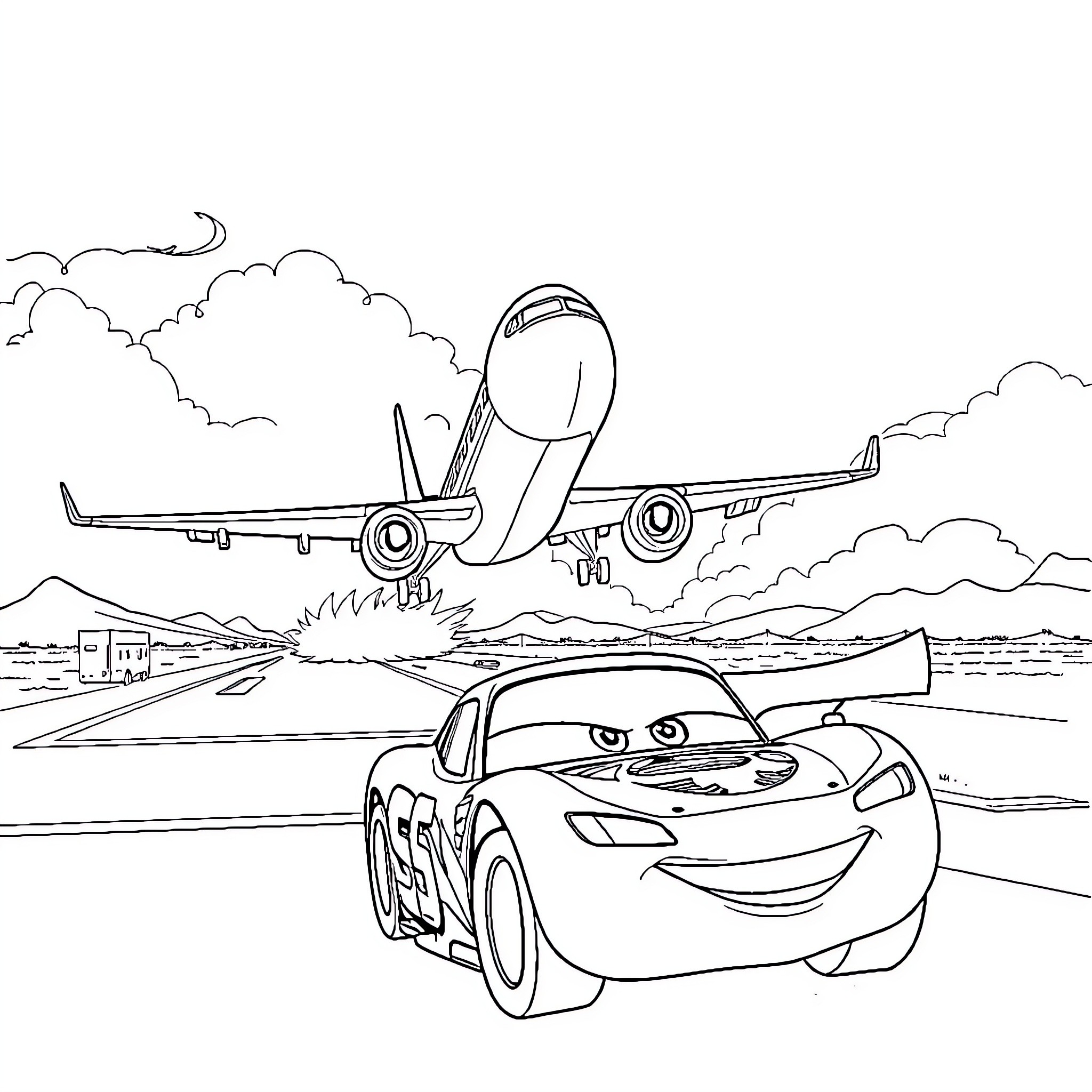 Airplane taking off with car on runway Coloring Page (free black-and-white line drawing printable PDF for all, from beginners to advanced learners, including children, teens, adults, and seniors)