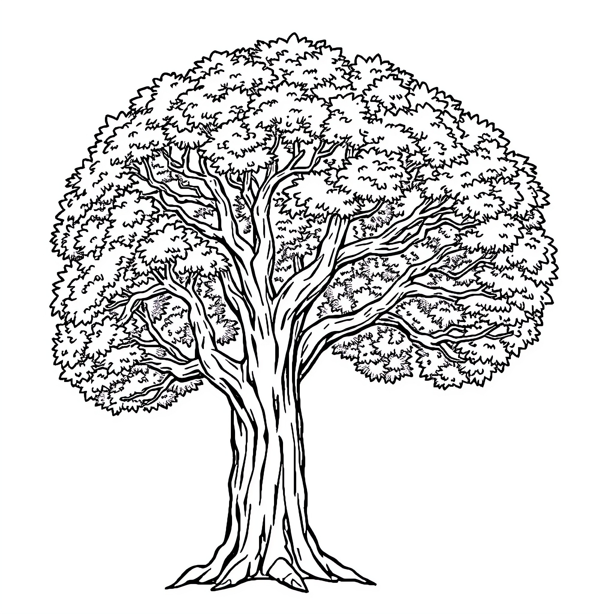 Tree with lush foliage and intricate branches Coloring Page (free black-and-white line drawing printable PDF for all, from beginners to advanced learners, including children, teens, adults, and seniors)