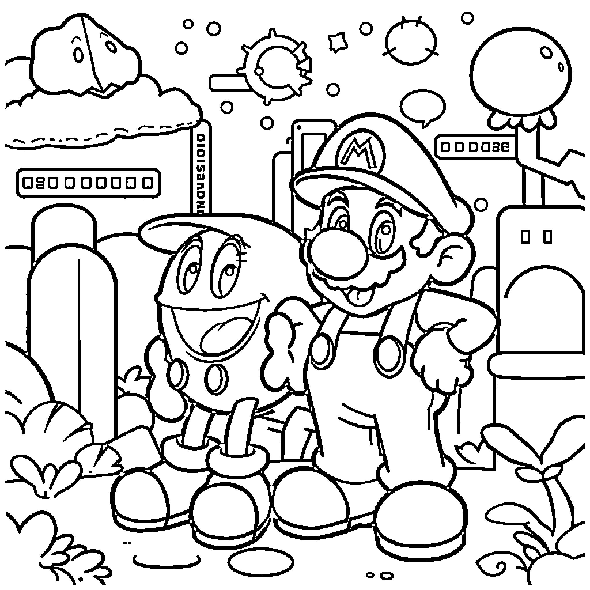 Pac-Man themed adventure in a whimsical world Coloring Page (free black-and-white line drawing printable PDF for all, from beginners to advanced learners, including children, teens, adults, and seniors)