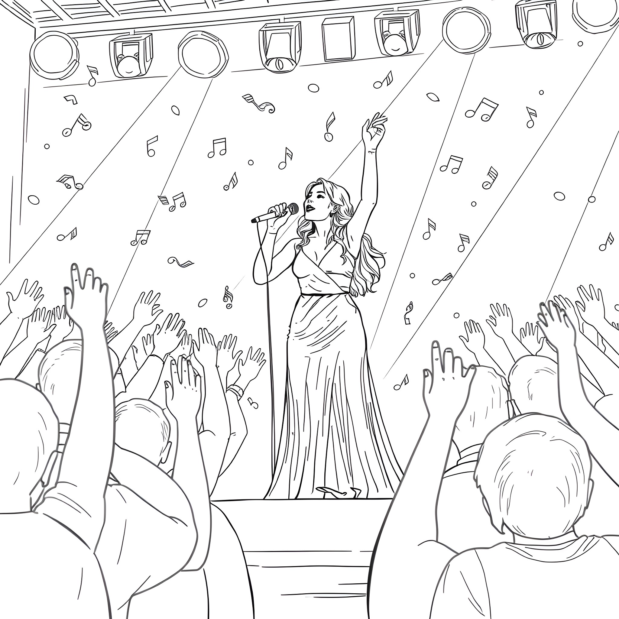 Olivia Rodrigo performing passionately on stage Coloring Page (free black-and-white line drawing printable PDF for all, from beginners to advanced learners, including children, teens, adults, and seniors)
