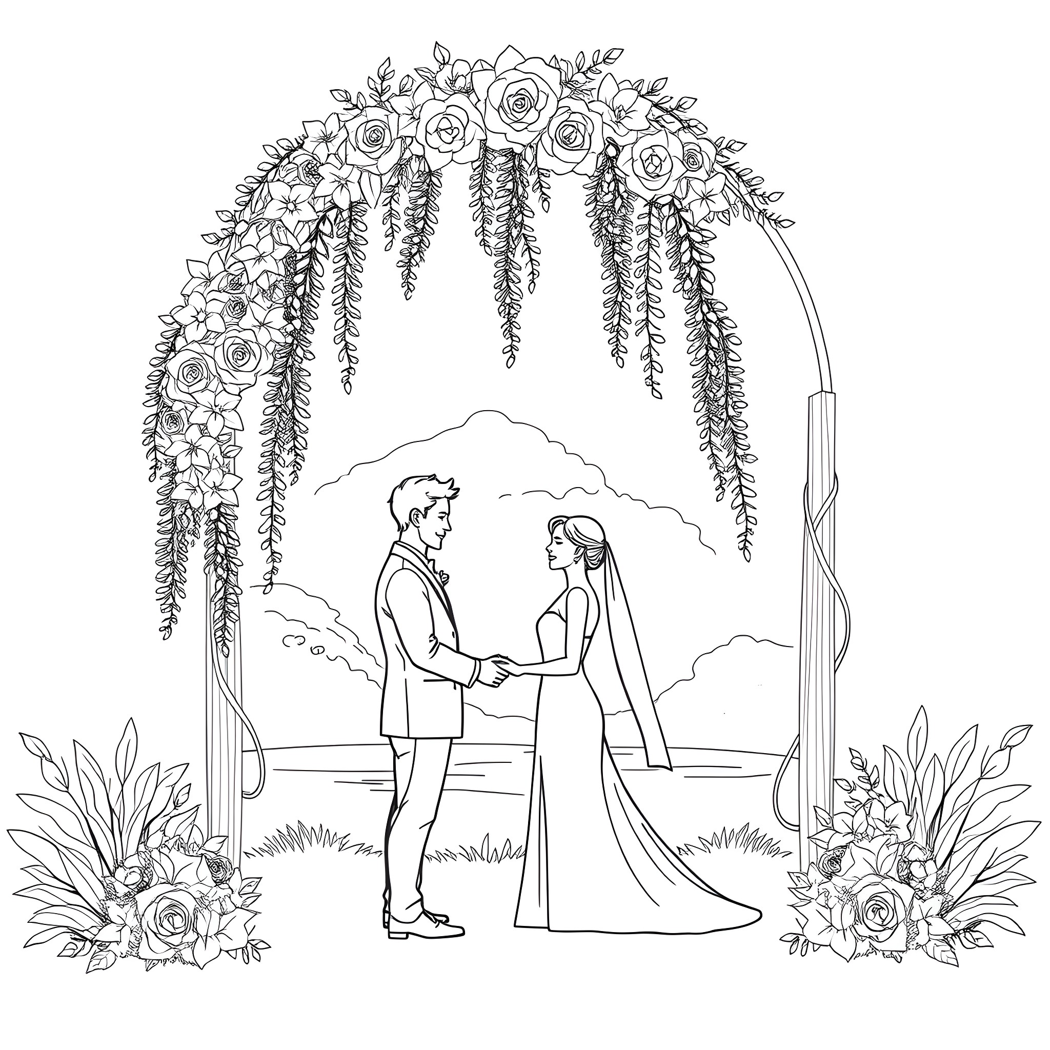 Wedding ceremony under a floral arch Coloring Page (free black-and-white line drawing printable PDF for all, from beginners to advanced learners, including children, teens, adults, and seniors)
