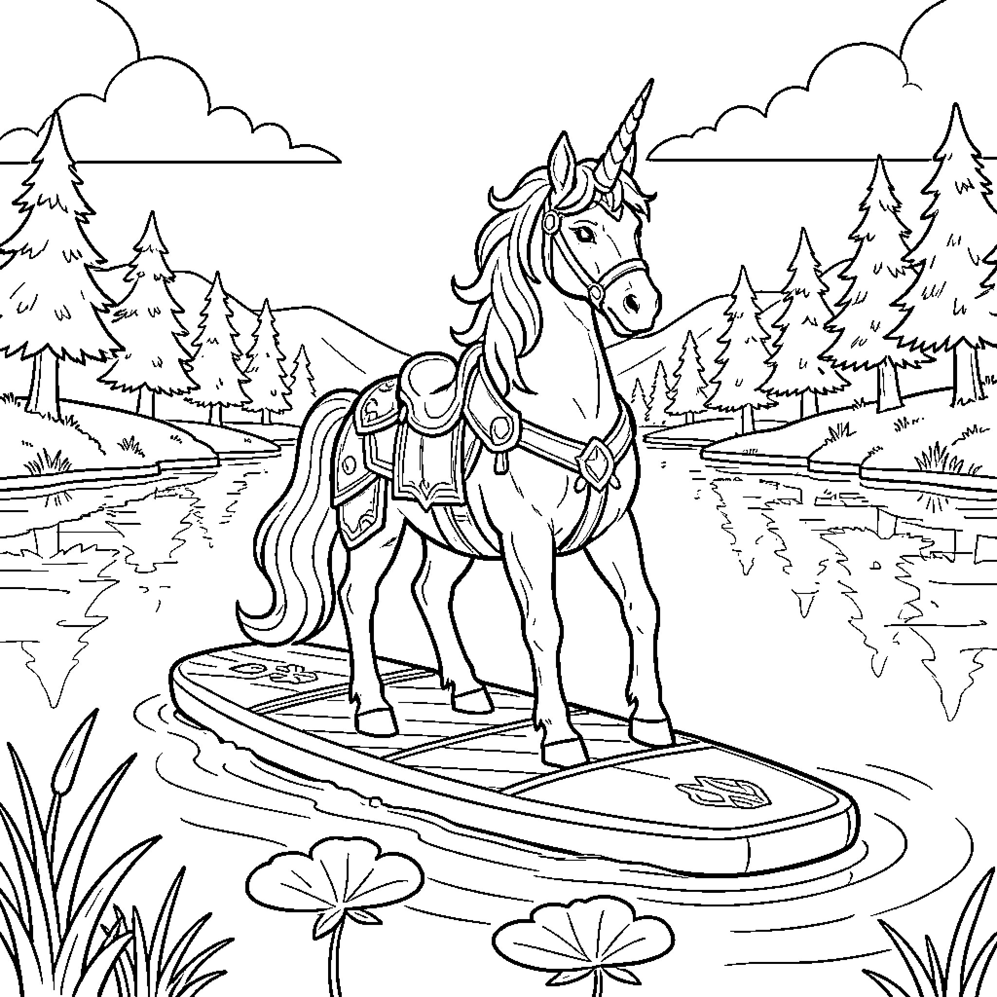 Unicorn standing majestically on a paddleboard in a lake Coloring Page (free black-and-white line drawing printable PDF for all, from beginners to advanced learners, including children, teens, adults, and seniors)