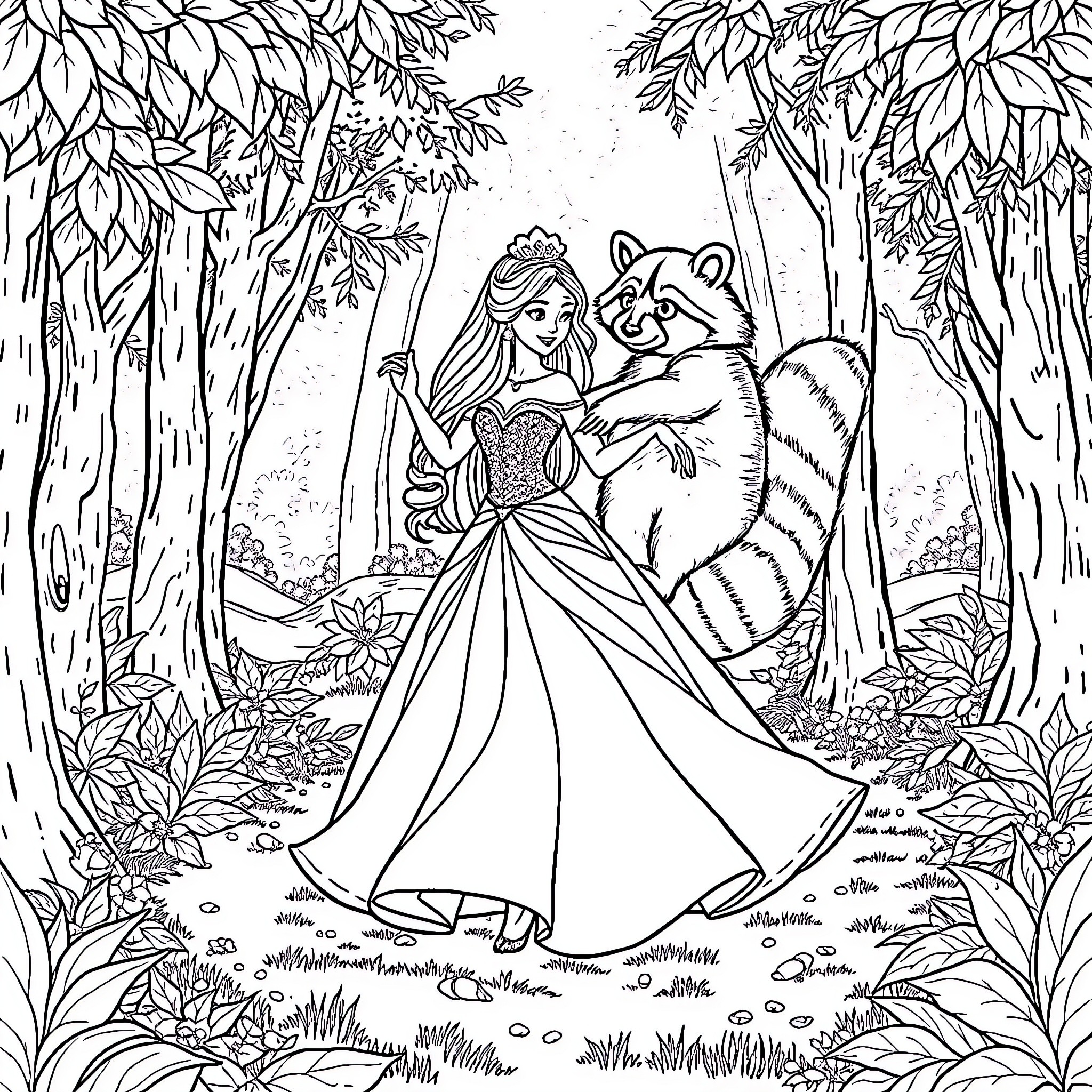 Princess and her Woodland Companion in Nature Coloring Page (free black-and-white line drawing printable PDF for all, from beginners to advanced learners, including children, teens, adults, and seniors)
