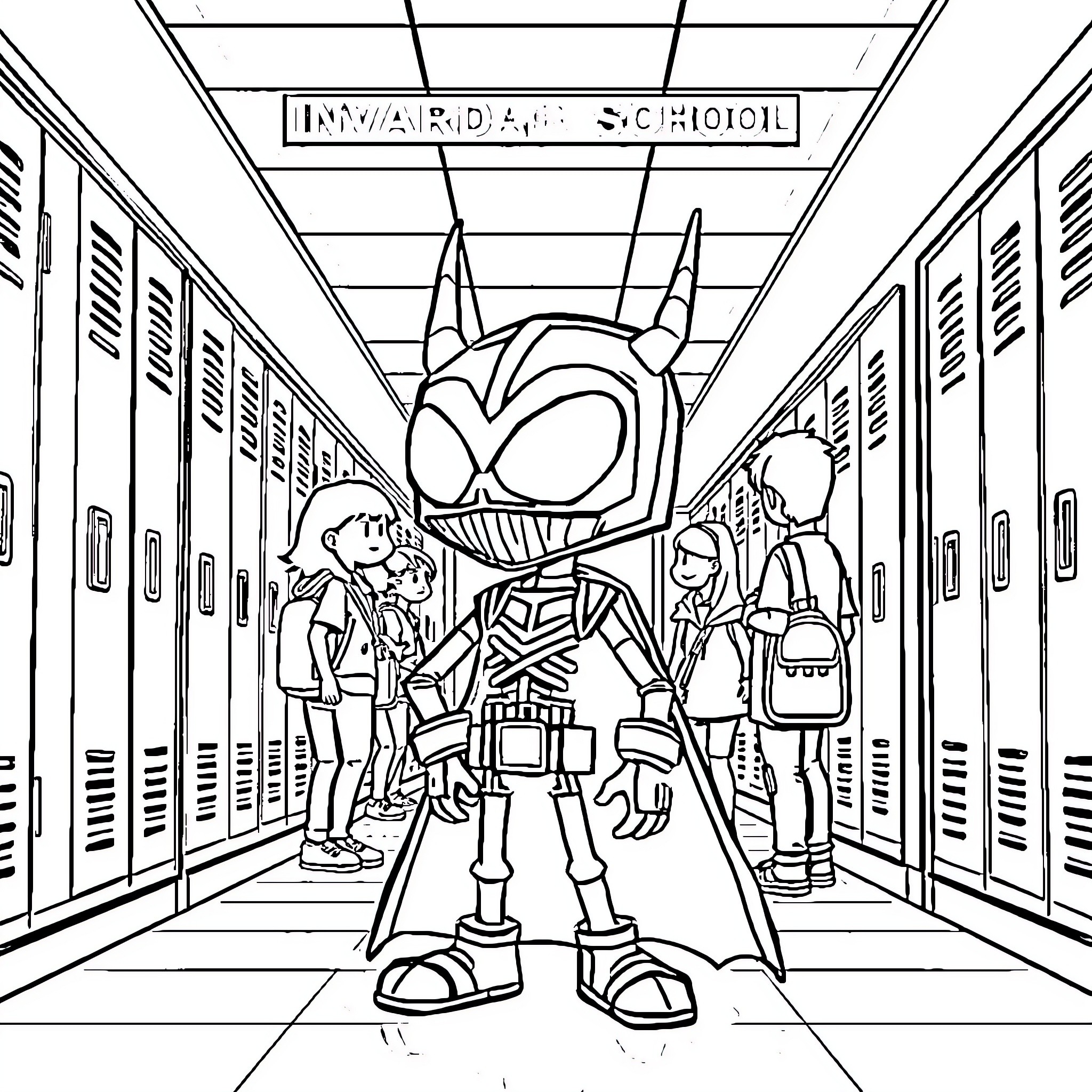 Invader Zim scheming in the school hallway Coloring Page (free black-and-white line drawing printable PDF for all, from beginners to advanced learners, including children, teens, adults, and seniors)