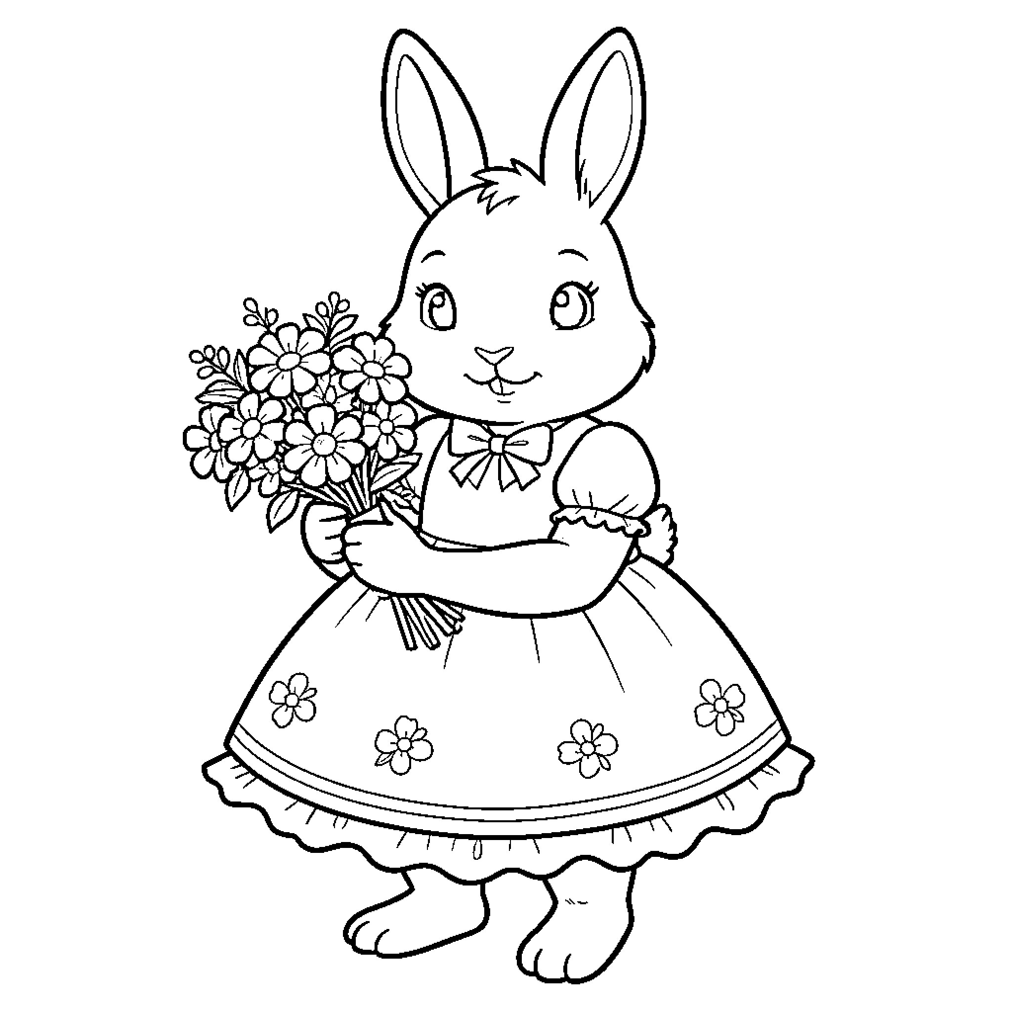 Rabbit wearing a dress and holding a bouquet Coloring Page (free black-and-white line drawing printable PDF for all, from beginners to advanced learners, including children, teens, adults, and seniors)