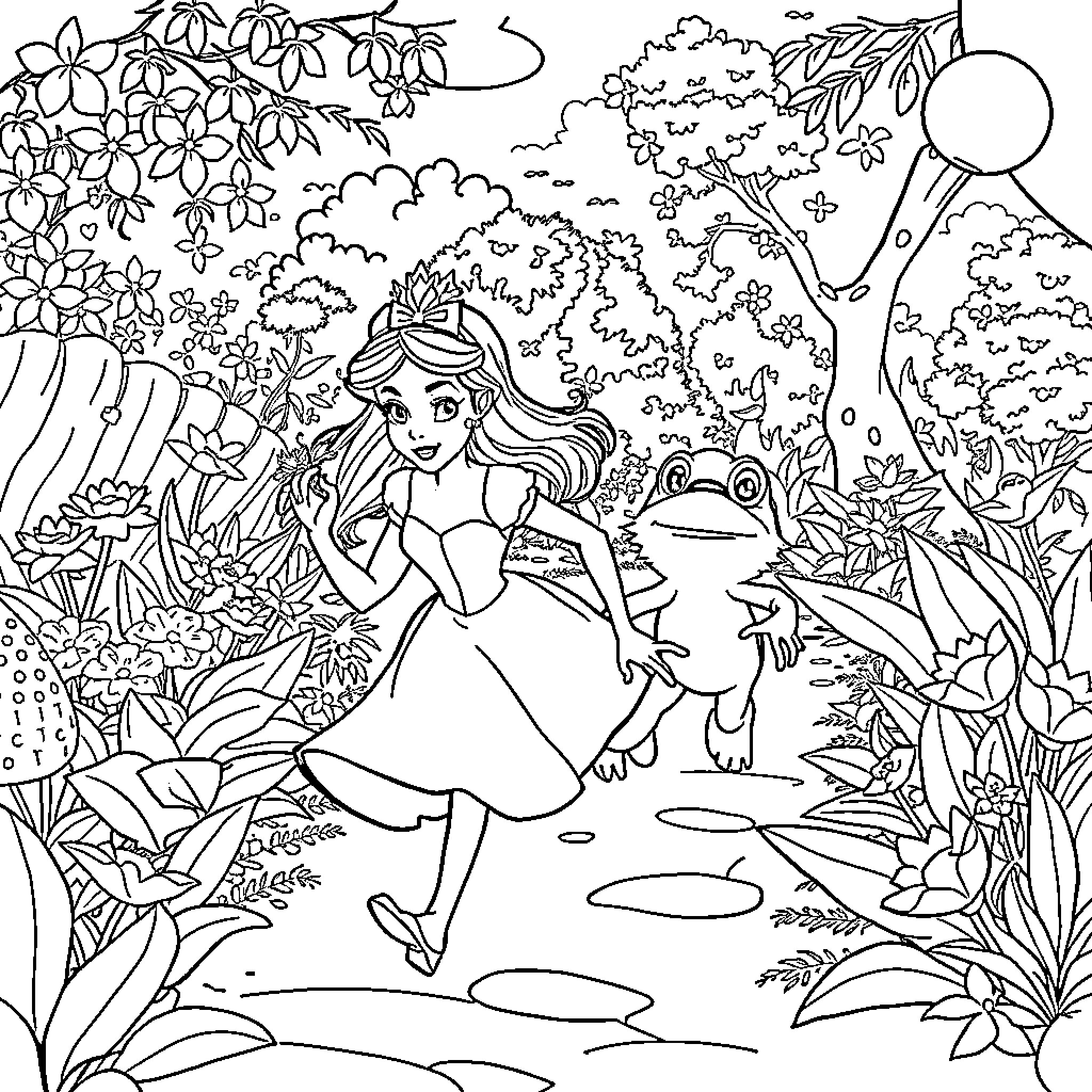 Princess exploring a magical forest with enchanting creatures Coloring Page (free black-and-white line drawing printable PDF for all, from beginners to advanced learners, including children, teens, adults, and seniors)