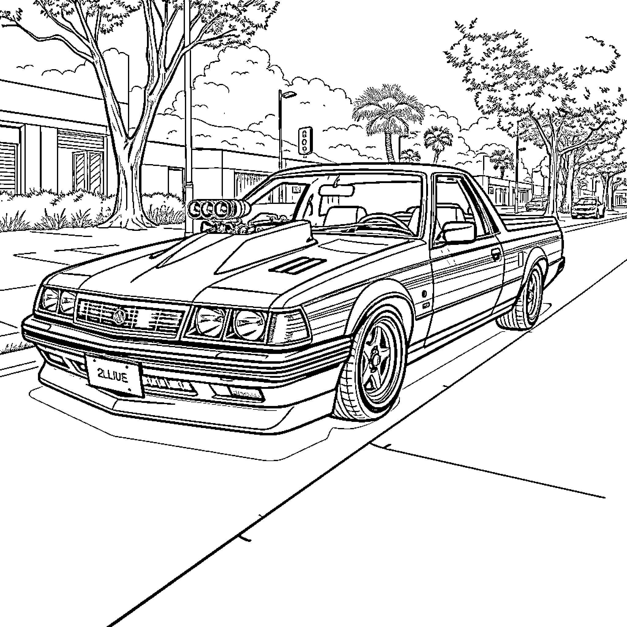 Holden VZ Ute parked on the street Coloring Page (free black-and-white line drawing printable PDF for all, from beginners to advanced learners, including children, teens, adults, and seniors)