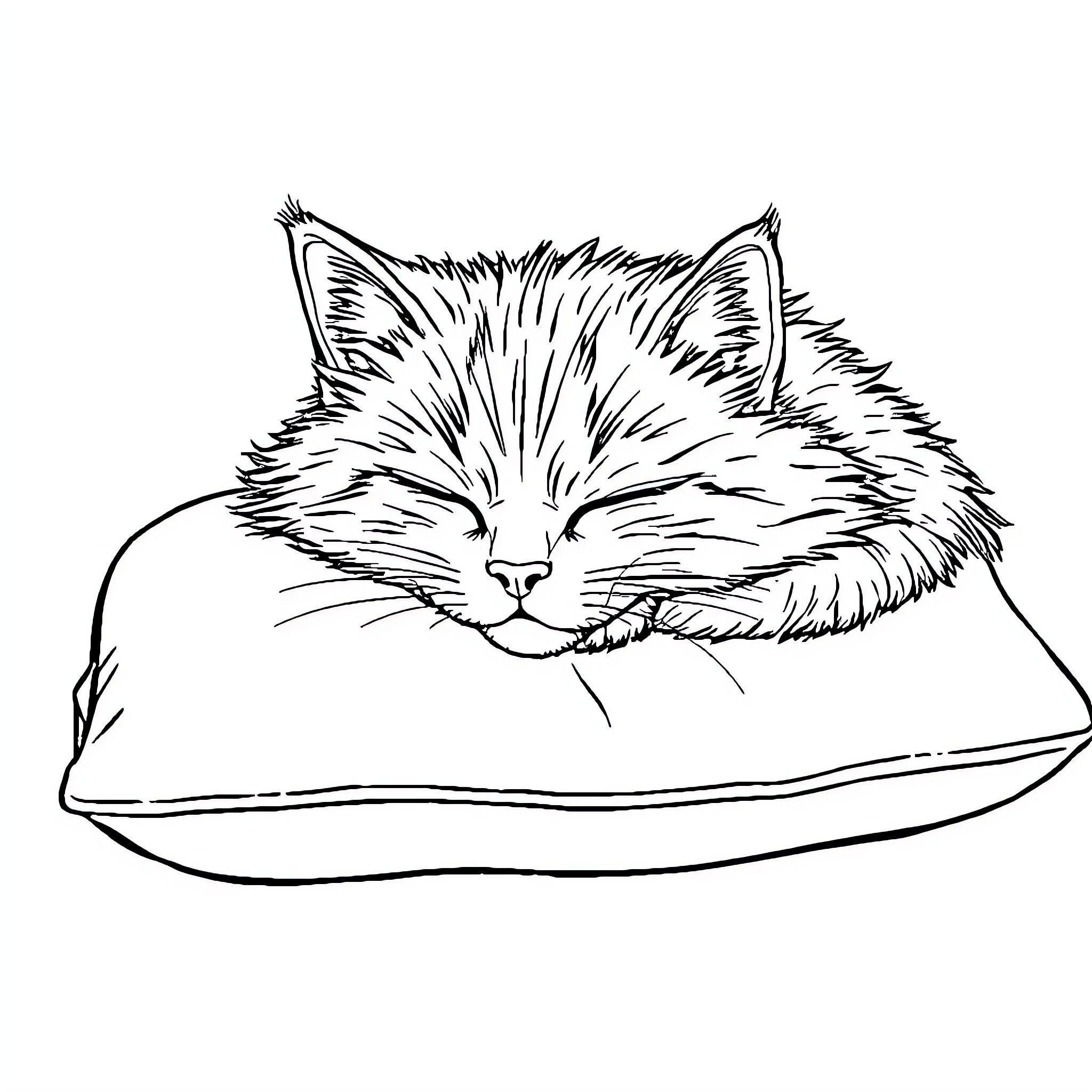 Cat resting peacefully on a cushion Coloring Page (free black-and-white line drawing printable PDF for all, from beginners to advanced learners, including children, teens, adults, and seniors)