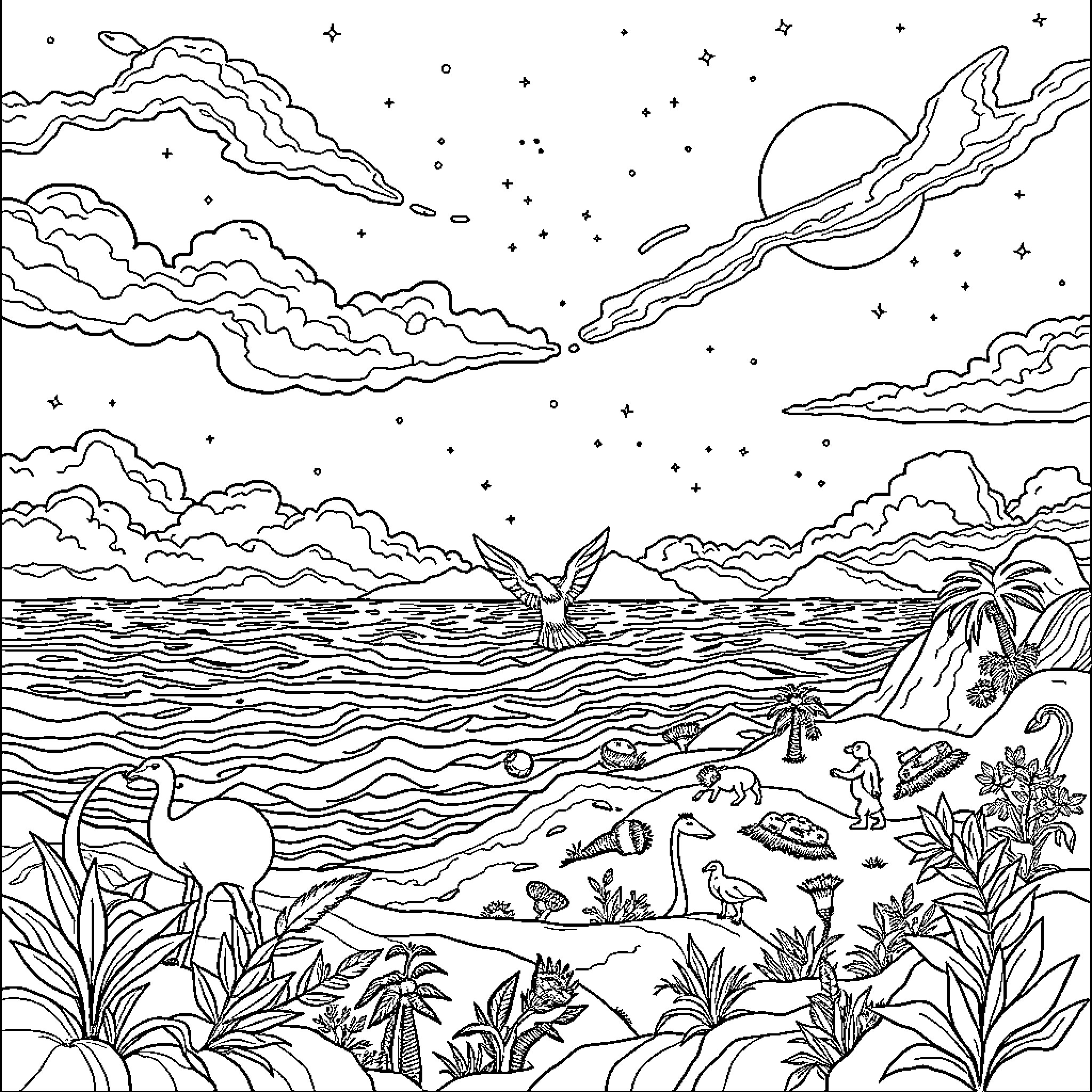 Creation of a Whimsical Tropical Seascape Coloring Page (free black-and-white line drawing printable PDF for all, from beginners to advanced learners, including children, teens, adults, and seniors)
