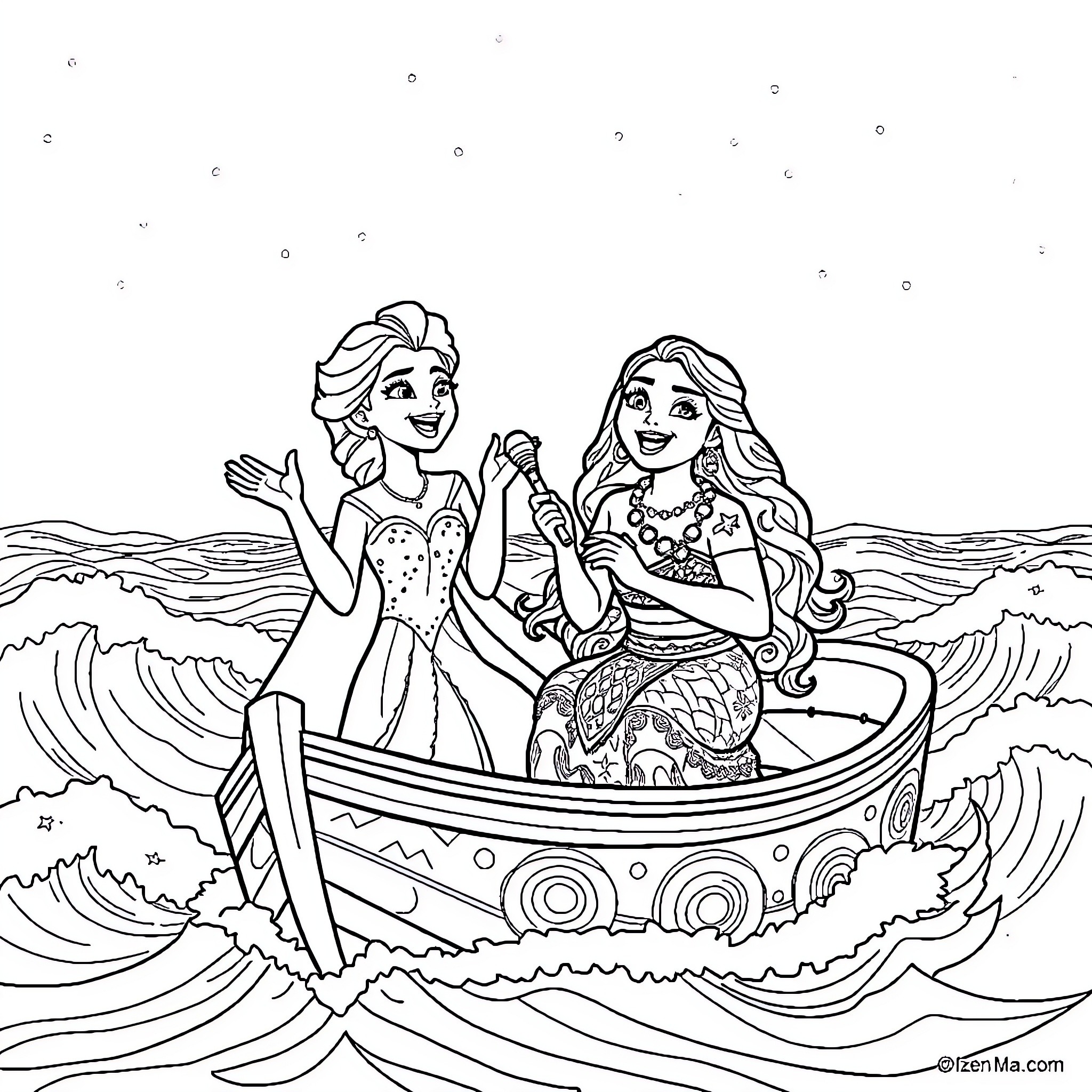 Elsa and Ariel enjoying a boat ride together Coloring Page (free black-and-white line drawing printable PDF for all, from beginners to advanced learners, including children, teens, adults, and seniors)