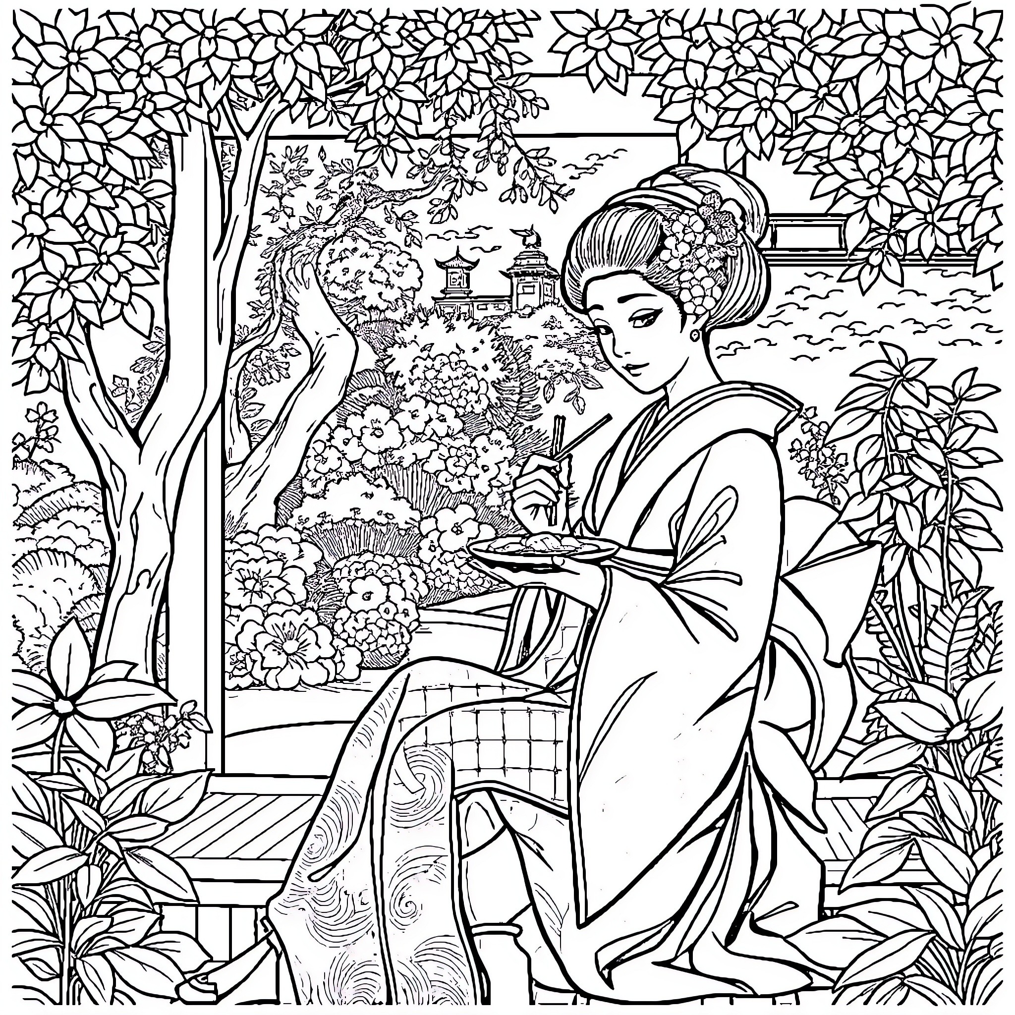 Geisha in a serene garden setting Coloring Page (free black-and-white line drawing printable PDF for all, from beginners to advanced learners, including children, teens, adults, and seniors)