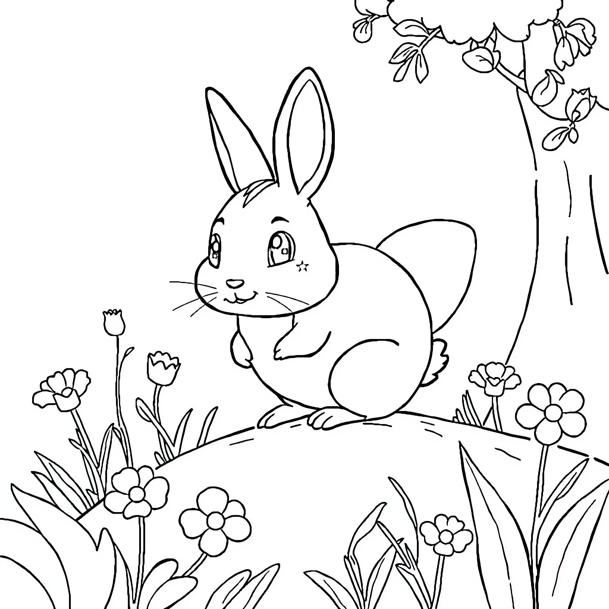 Fox enjoying a floral garden Coloring Page (free black-and-white line drawing printable PDF for all, from beginners to advanced learners, including children, teens, adults, and seniors)