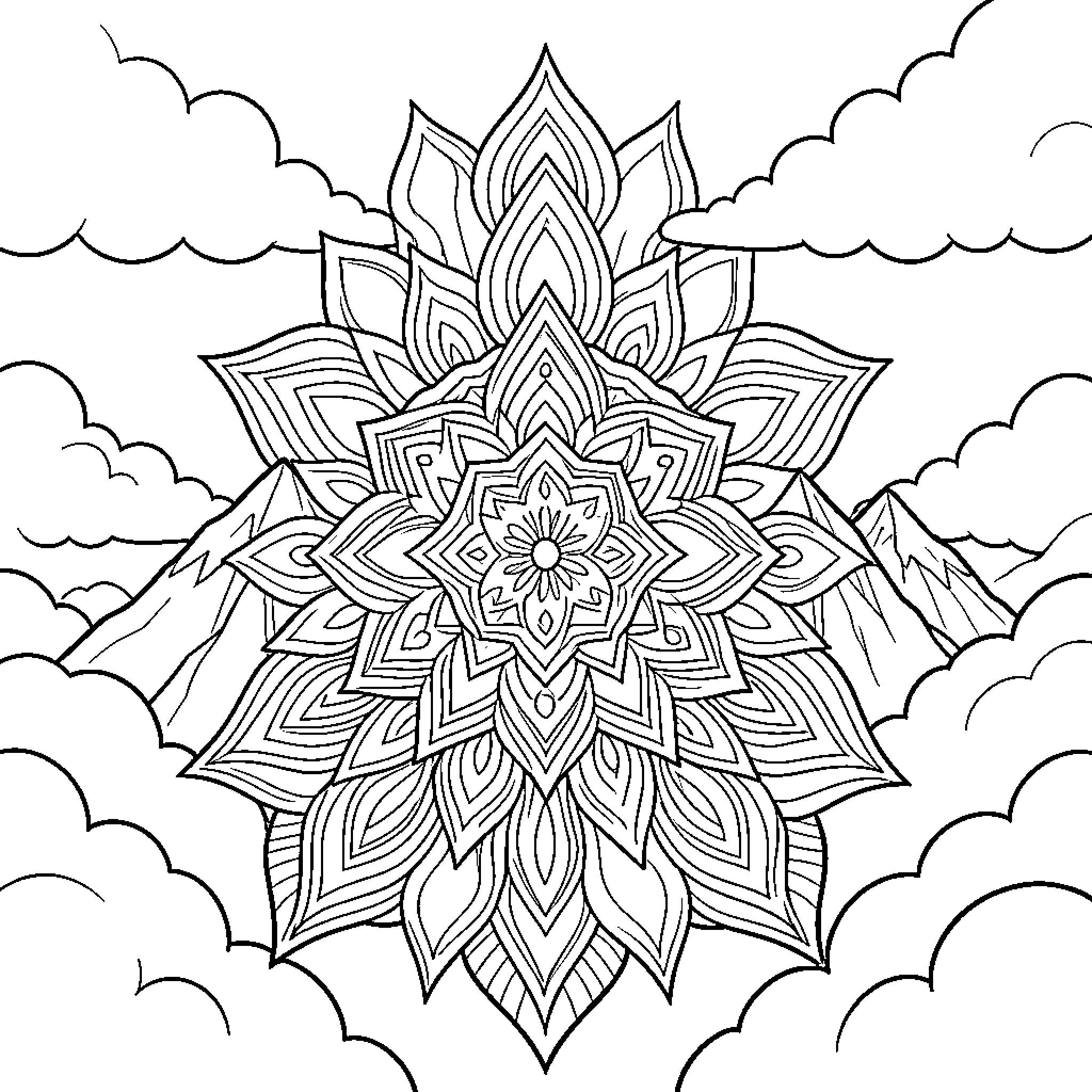 Mountain Mandala Landscape with Clouds Coloring Page (free black-and-white line drawing printable PDF for all, from beginners to advanced learners, including children, teens, adults, and seniors)