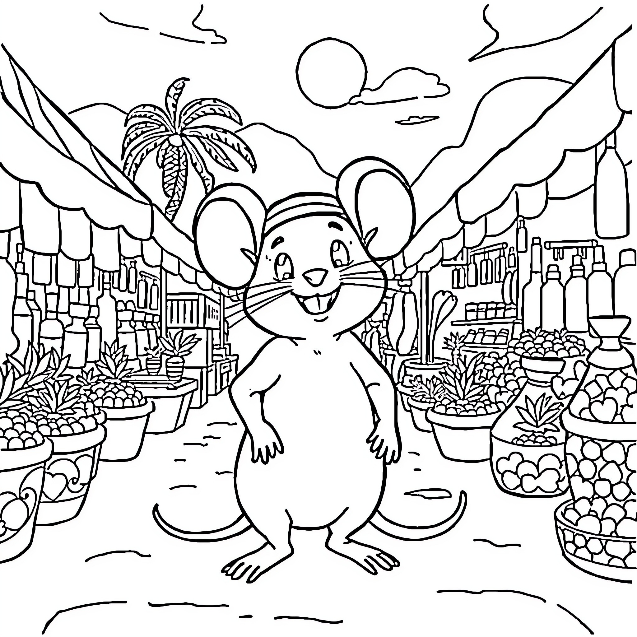 Mini Mouse Exploring a Vibrant Tropical Market Coloring Page (free black-and-white line drawing printable PDF for all, from beginners to advanced learners, including children, teens, adults, and seniors)