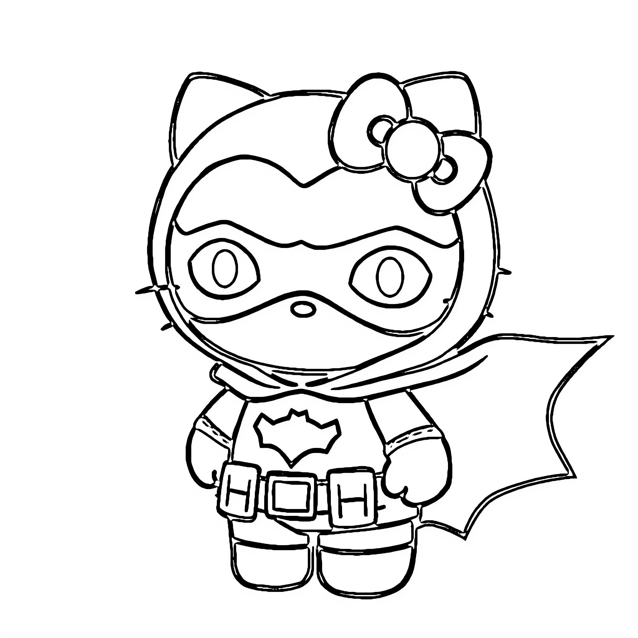 Hello Kitty dressed as a superhero Coloring Page (free black-and-white line drawing printable PDF for all, from beginners to advanced learners, including children, teens, adults, and seniors)