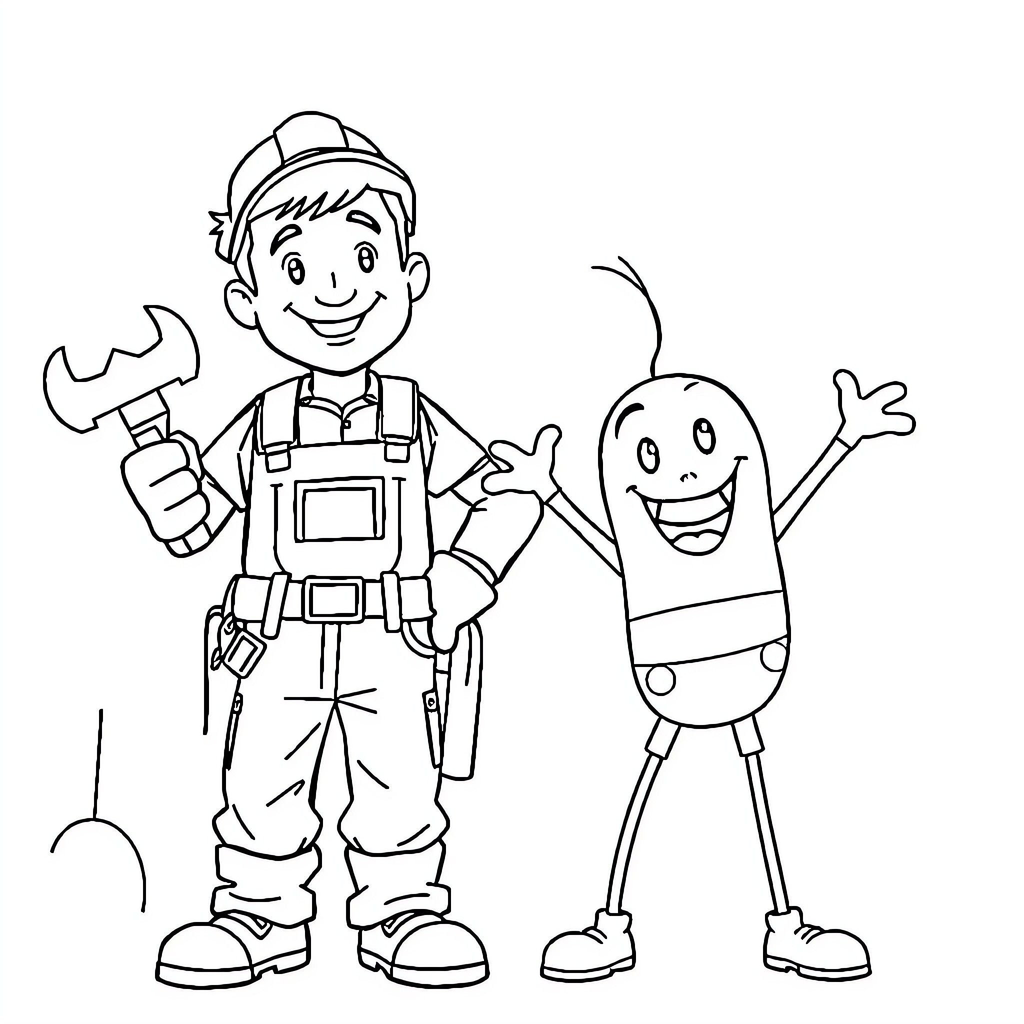 Handyman and Helper Enjoying Work Together Coloring Page (free black-and-white line drawing printable PDF for all, from beginners to advanced learners, including children, teens, adults, and seniors)