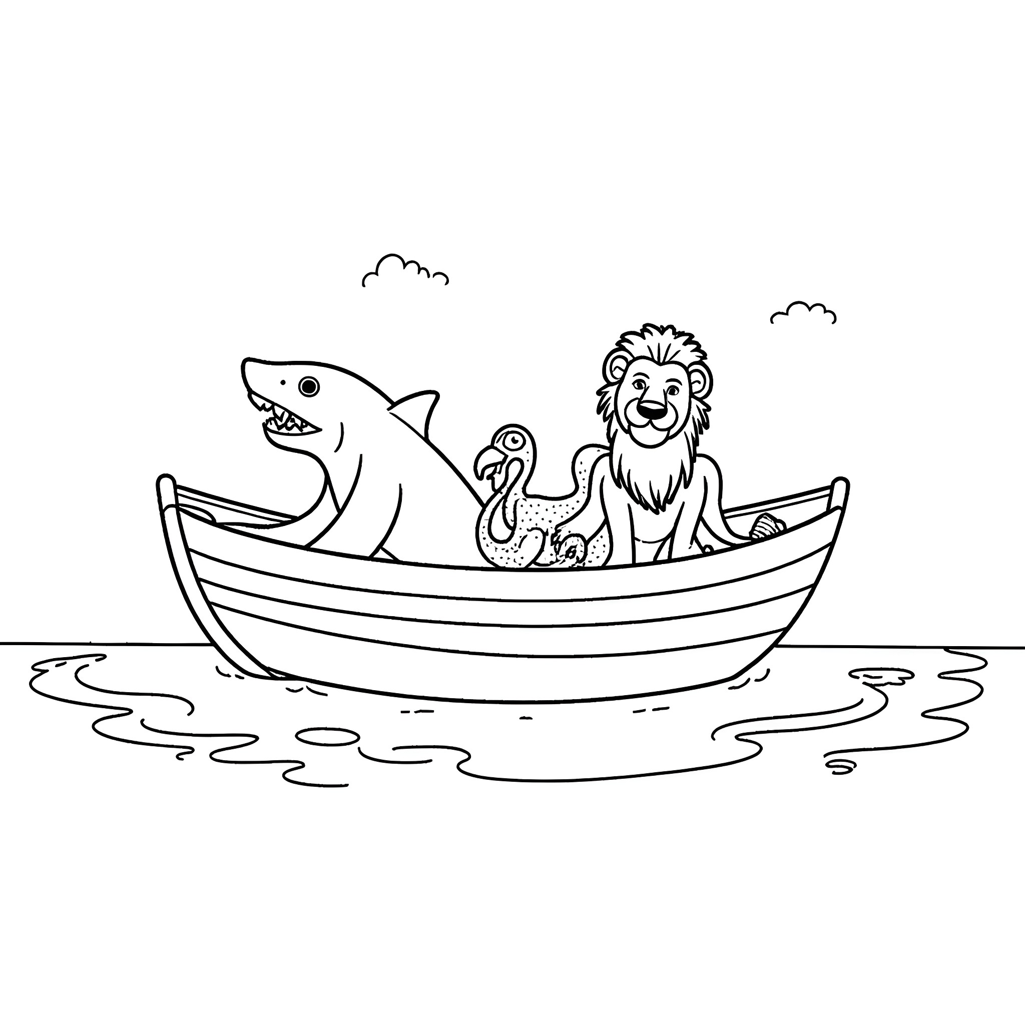 Boat with shark and lion in the water Coloring Page (free black-and-white line drawing printable PDF for all, from beginners to advanced learners, including children, teens, adults, and seniors)