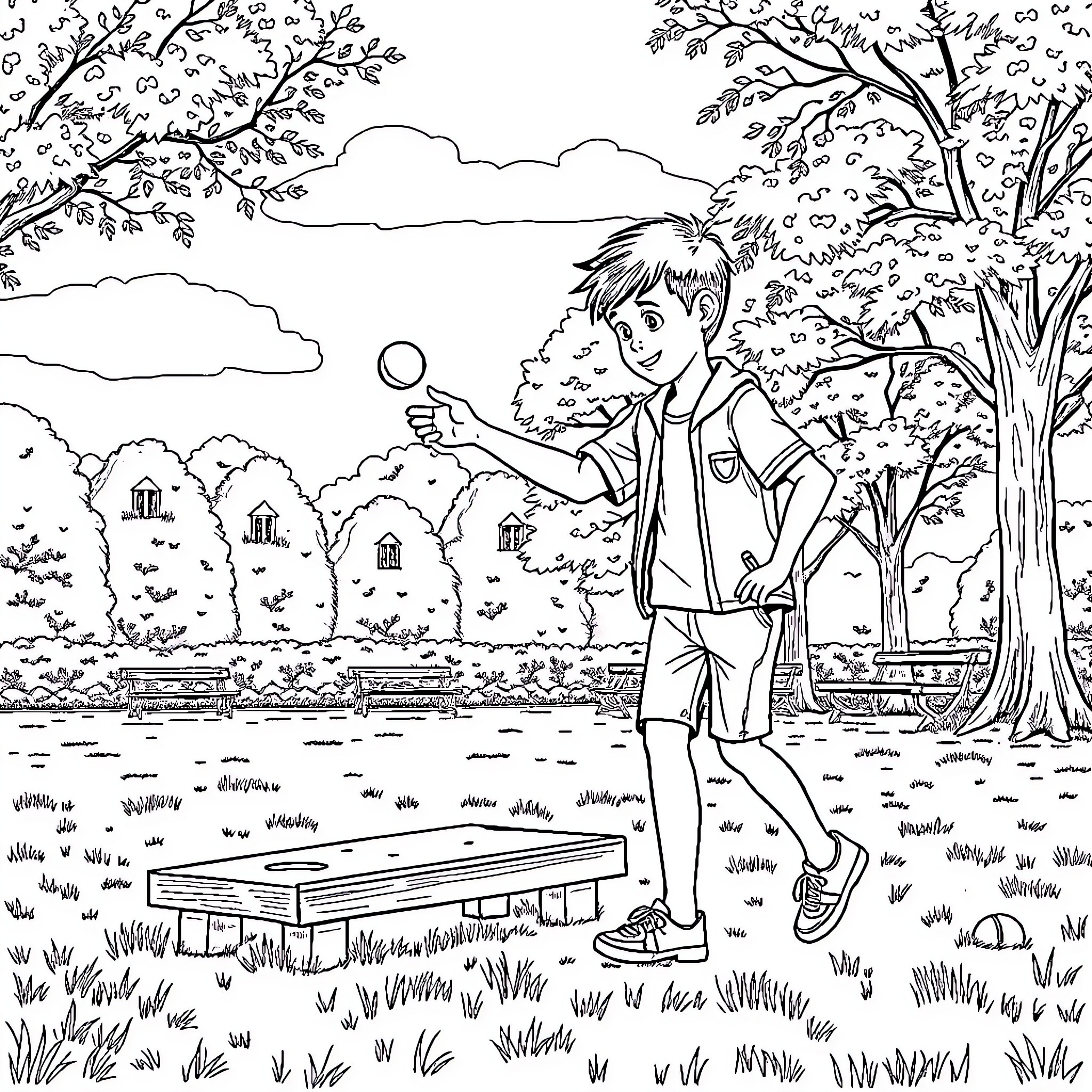 Boy playing joyfully in the park Coloring Page (free black-and-white line drawing printable PDF for all, from beginners to advanced learners, including children, teens, adults, and seniors)