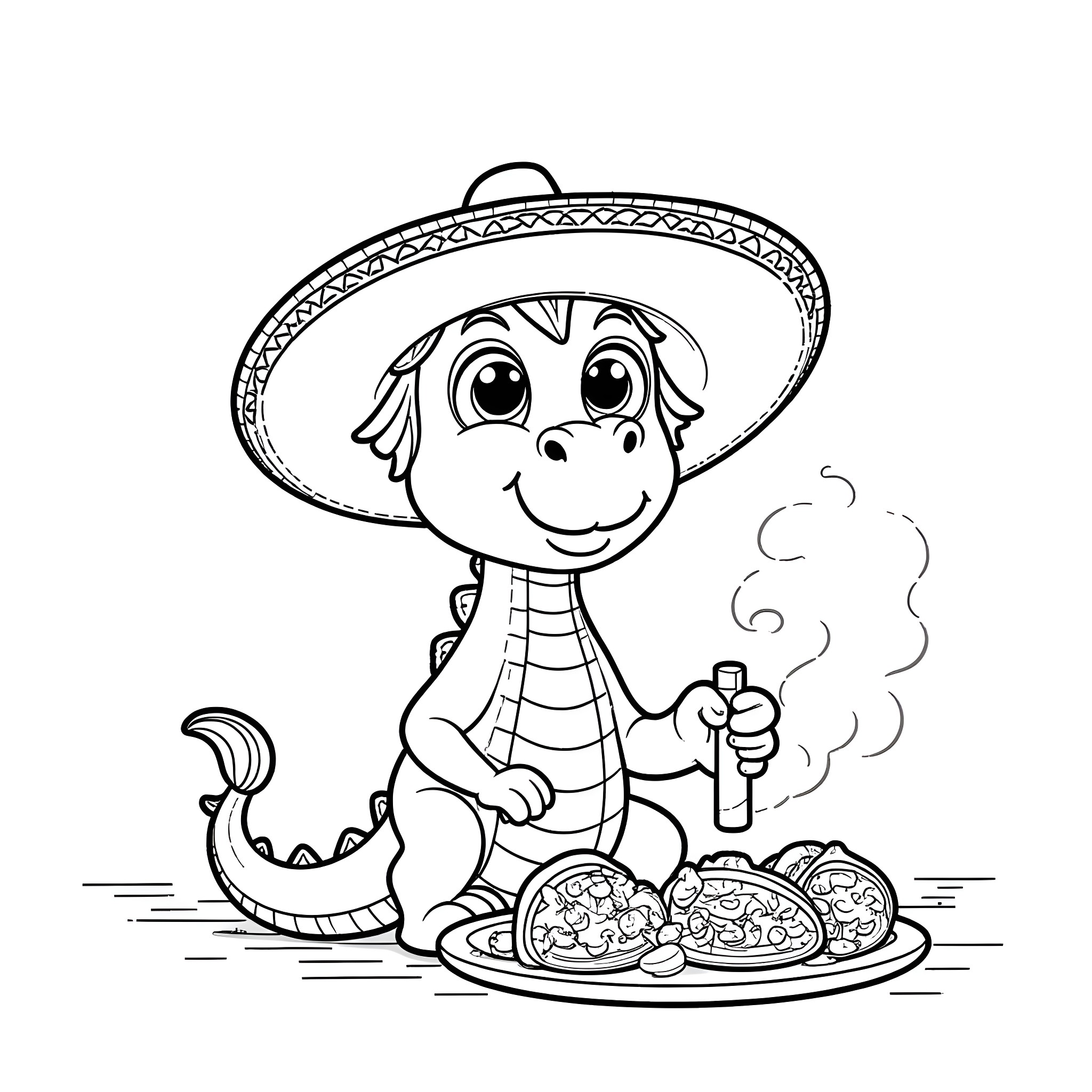 Dragon enjoying Mexican cuisine in sombrero Coloring Page (free black-and-white line drawing printable PDF for all, from beginners to advanced learners, including children, teens, adults, and seniors)