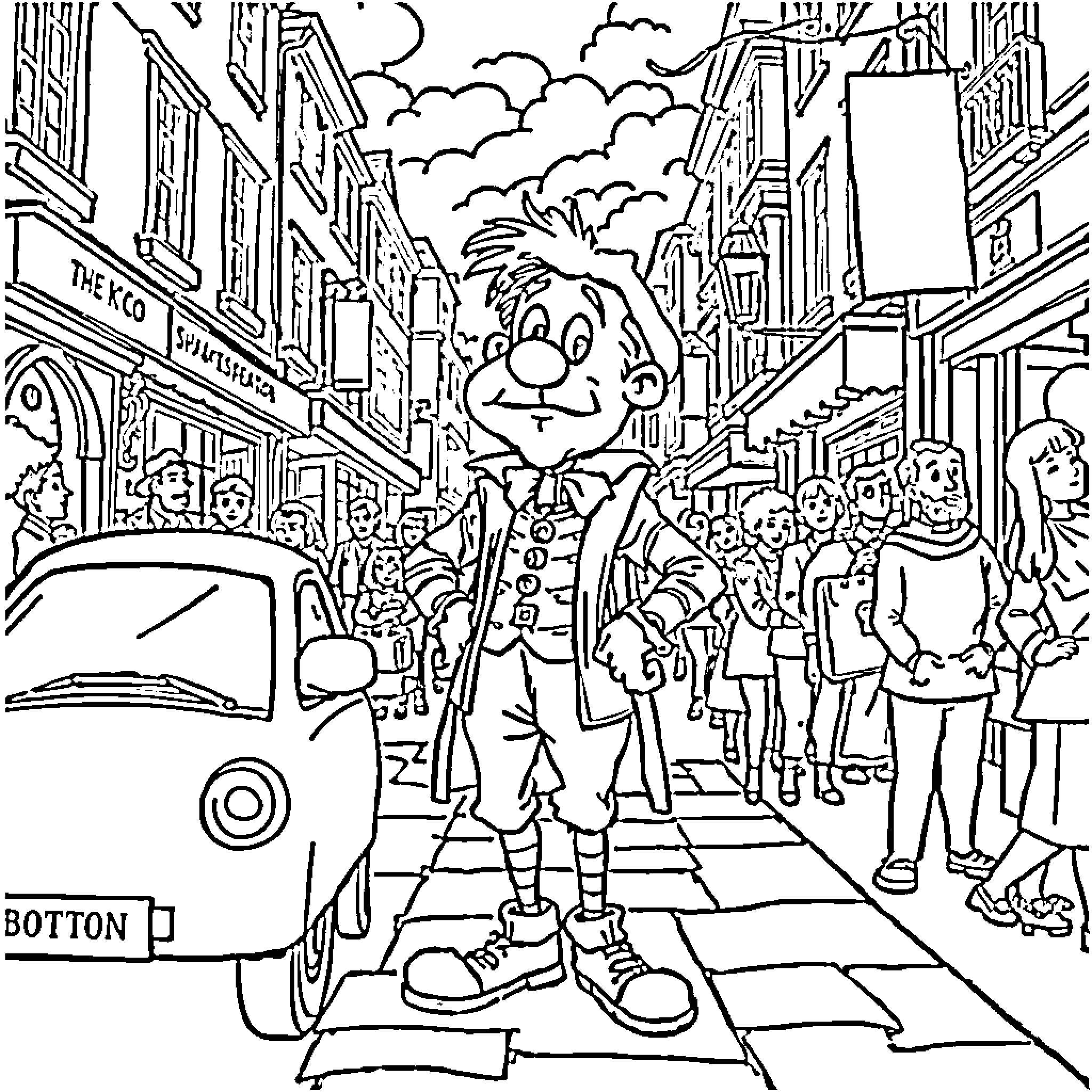 Nick Bottom in a bustling city street scene Coloring Page (free black-and-white line drawing printable PDF for all, from beginners to advanced learners, including children, teens, adults, and seniors)