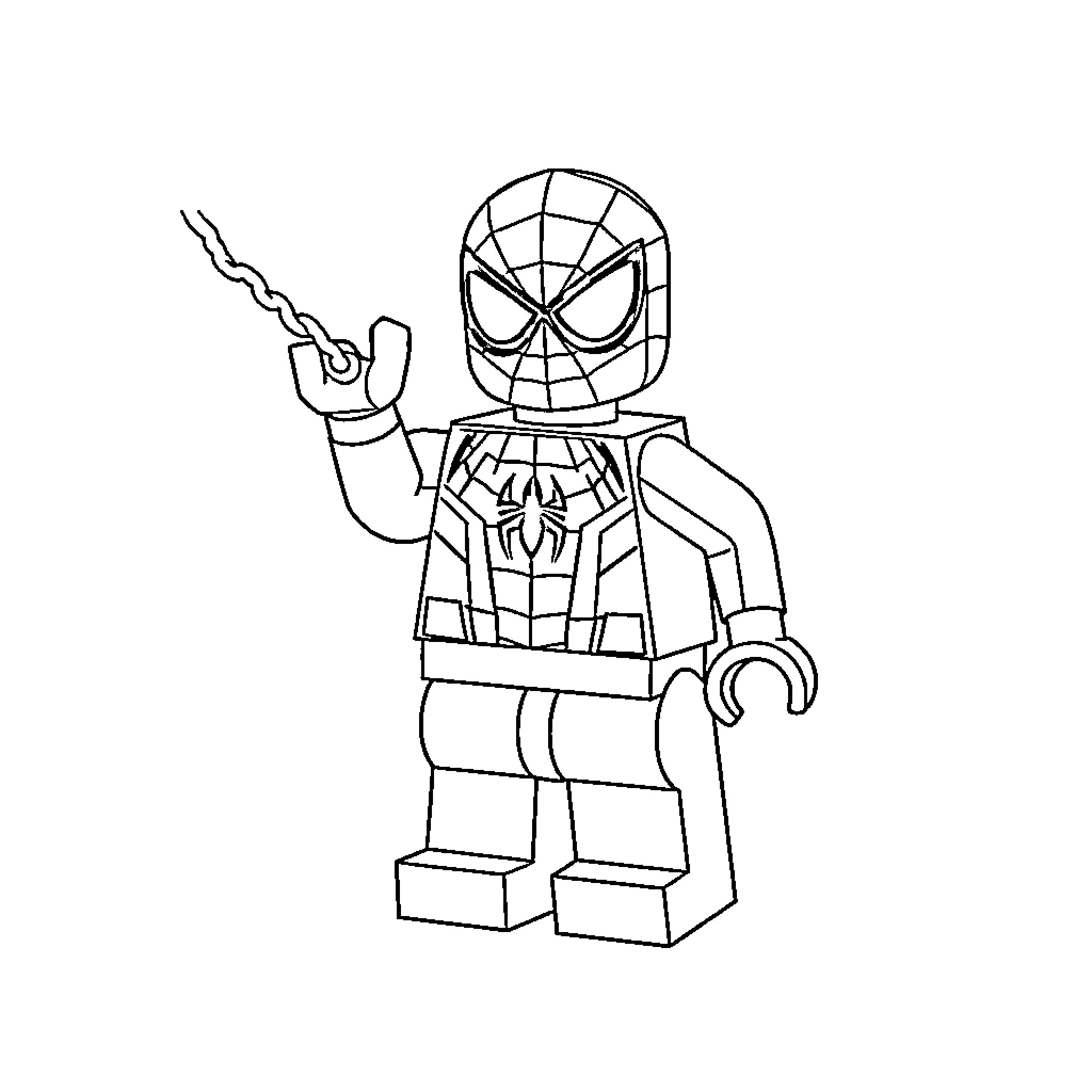Lego Spiderman fighting action pose Coloring Page (free black-and-white line drawing printable PDF for all, from beginners to advanced learners, including children, teens, adults, and seniors)