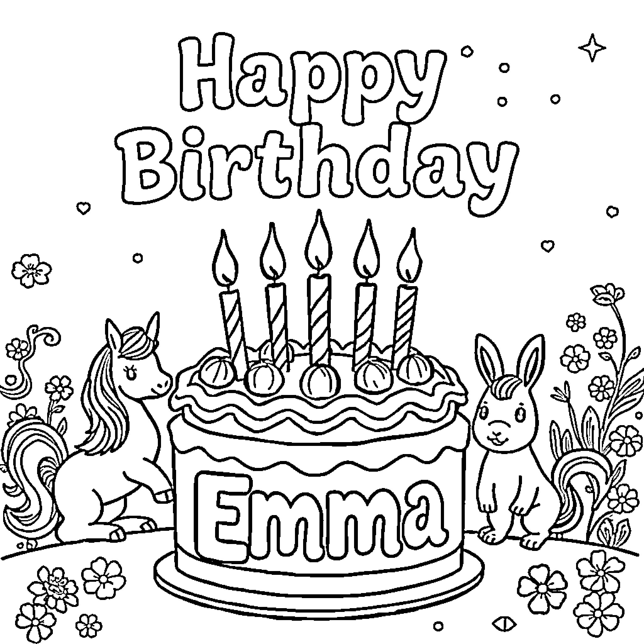 Birthday cake with candles and animal friends Coloring Page (free black-and-white line drawing printable PDF for all, from beginners to advanced learners, including children, teens, adults, and seniors)
