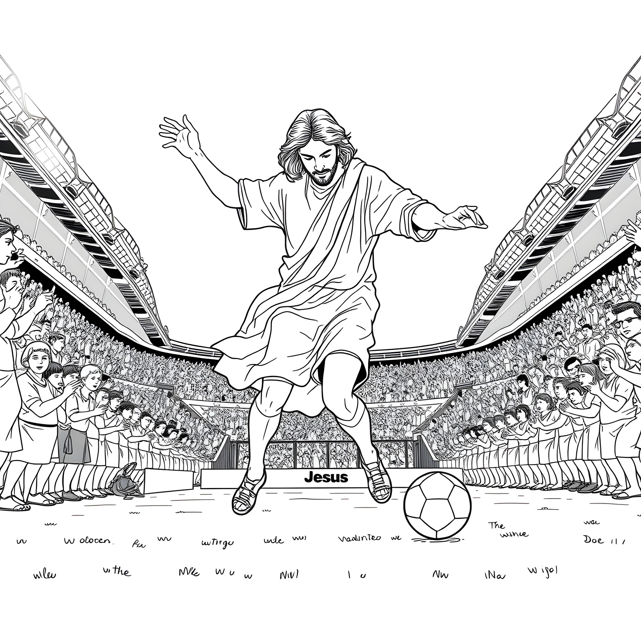 Jesus Christ playing soccer in a large stadium Coloring Page (free black-and-white line drawing printable PDF for all, from beginners to advanced learners, including children, teens, adults, and seniors)