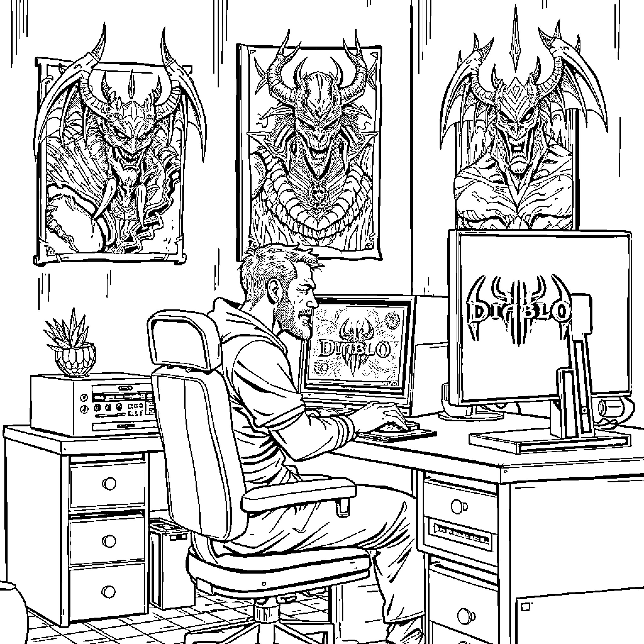 Gamer Immersed in Dark Fantasy Artwork Coloring Page (free black-and-white line drawing printable PDF for all, from beginners to advanced learners, including children, teens, adults, and seniors)