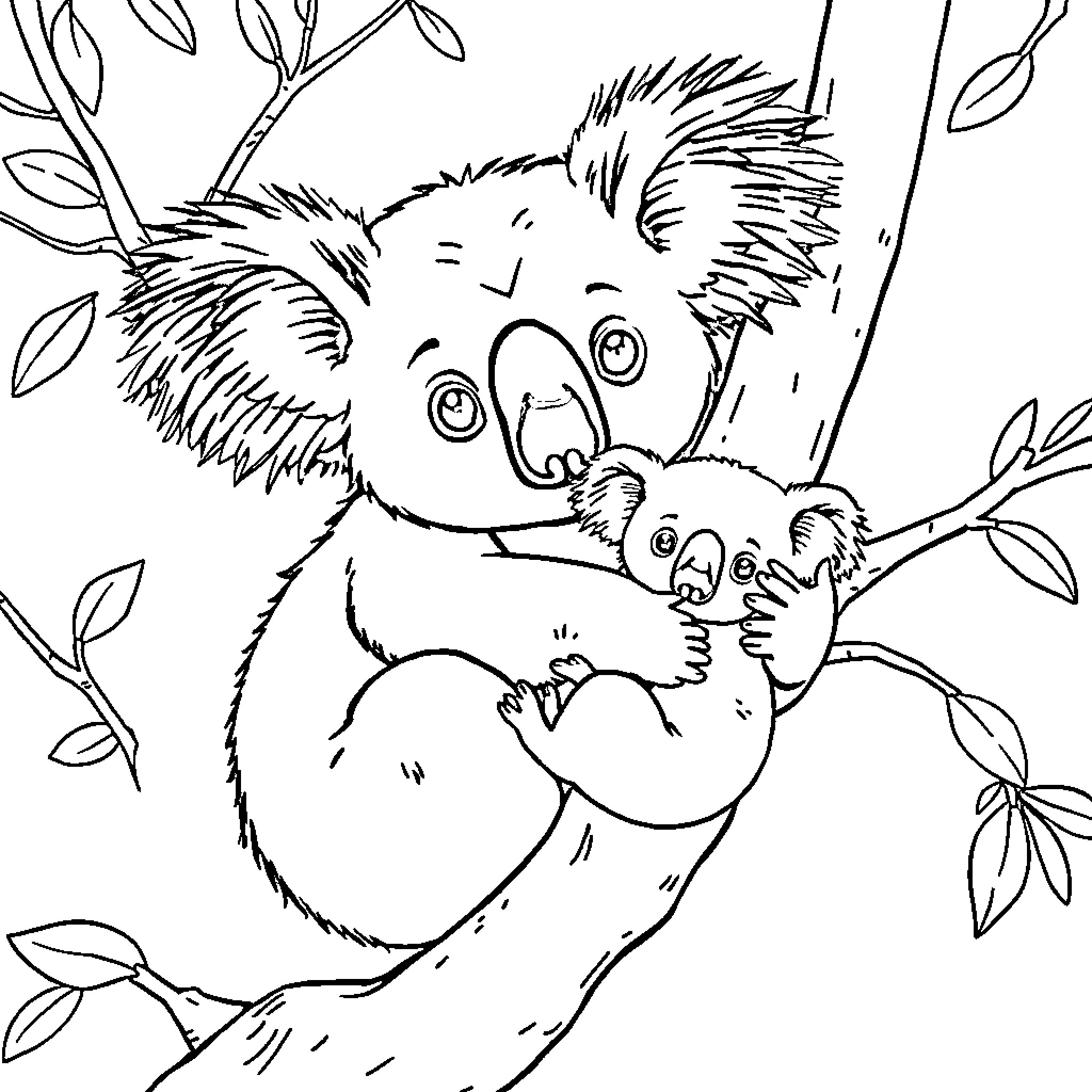 Koala and baby koala clinging to tree branches Coloring Page (free black-and-white line drawing printable PDF for all, from beginners to advanced learners, including children, teens, adults, and seniors)