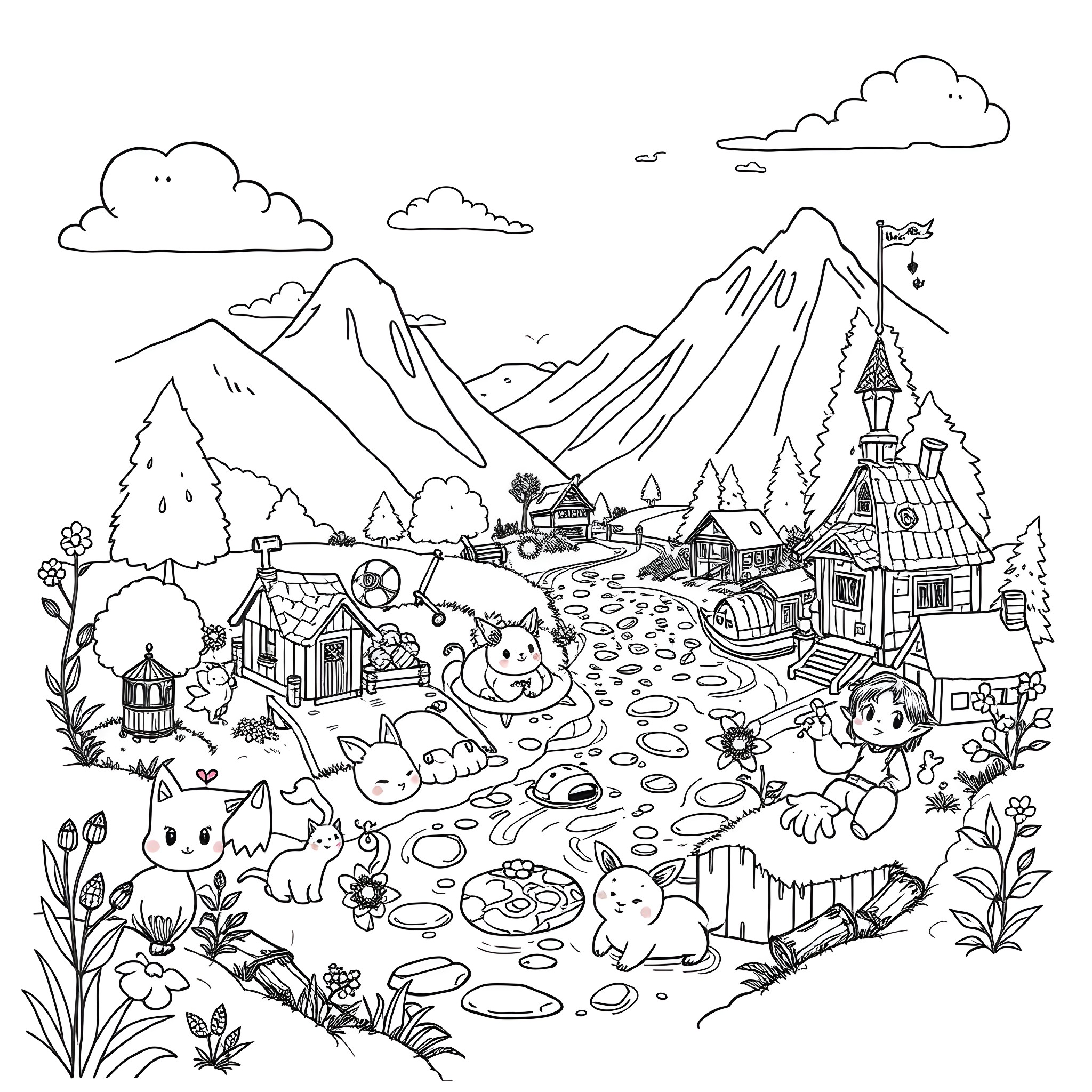 Character playing and exploring in a whimsical mountain village Coloring Page (free black-and-white line drawing printable PDF for all, from beginners to advanced learners, including children, teens, adults, and seniors)