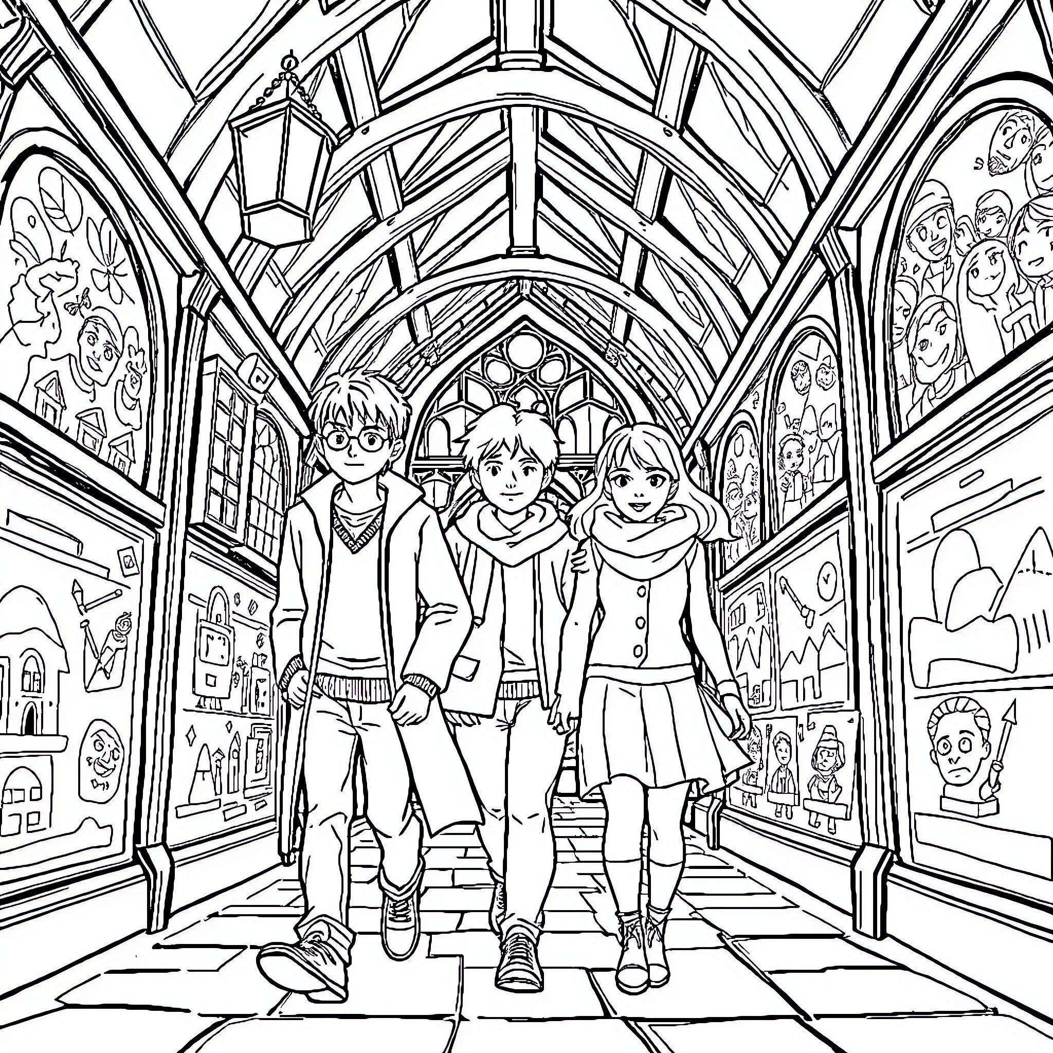 Hogwarts students strolling through a magical hallway Coloring Page (free black-and-white line drawing printable PDF for all, from beginners to advanced learners, including children, teens, adults, and seniors)